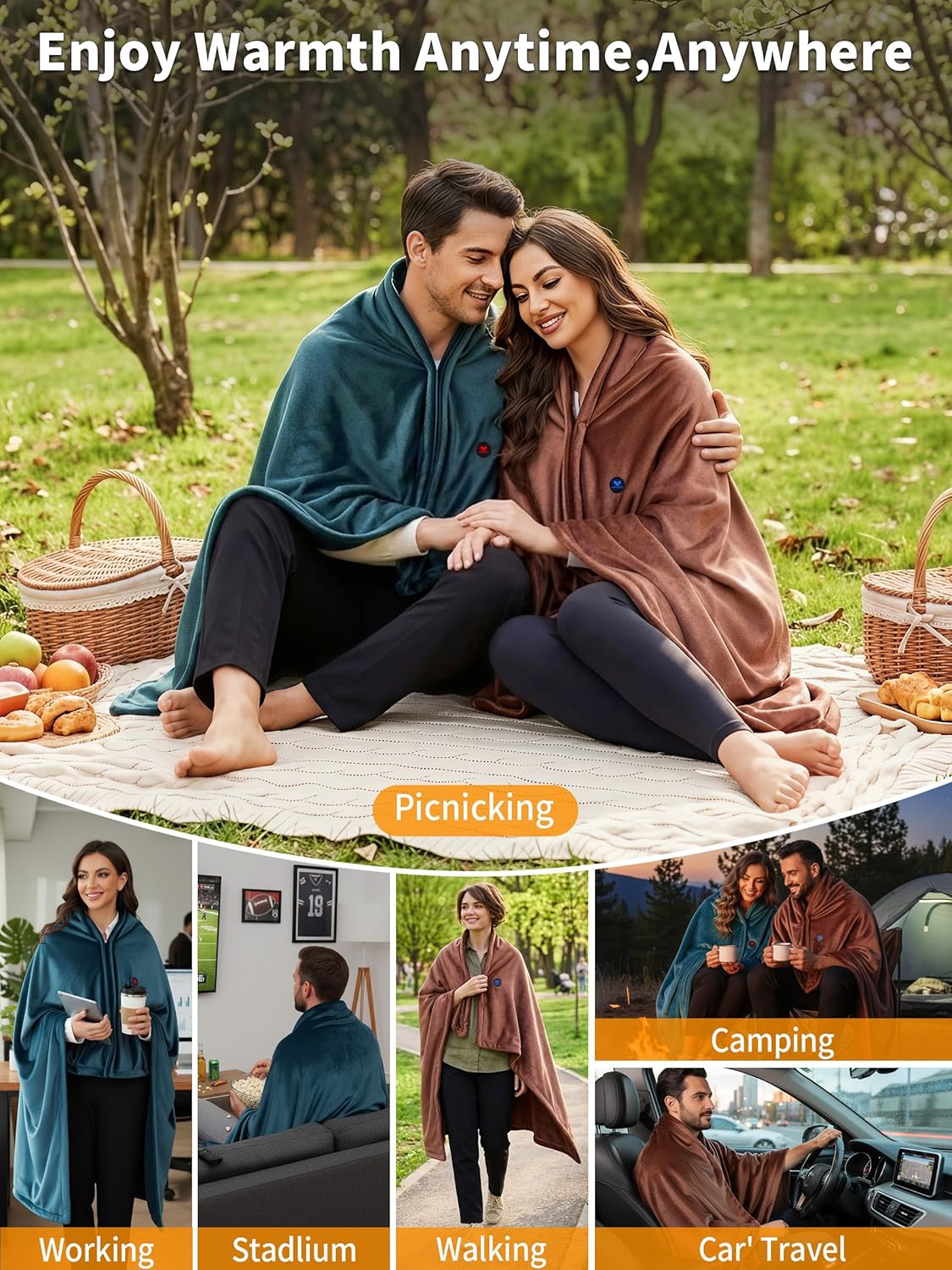 Heated Blanket Battery Operated, Electric Heating Blanket for Neck and Shoulders and Back, Portable Heated Shawl with Zipper, 20000mAh, 3 Heating Levels, up to 8 Hours