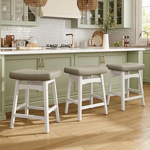 Miniatura 15 de MAISON ARTS Juego de 2 taburetes de bar beige para encimera de cocina, patas de madera maciza con asiento de cuero sintético, taburetes de bar de