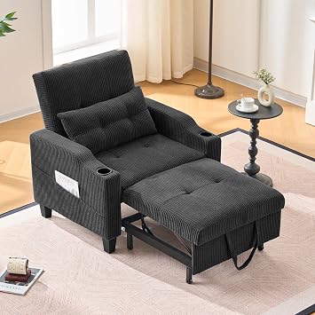 3 in 1 Convertible Sleeper Chair, Corduroy Single Sleeper Sofa Bed, Pull Out Sofa Bed Chair with Adjustable Backrest & Side Pockets for Living Room, Black