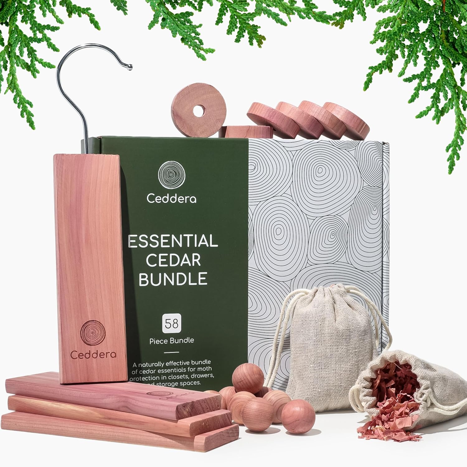 Essential Cedar Bundle | Natural Cedar Blocks for Clothes Storage | Eco Friendly Cedarwood for Closets | Moth Ball Alternative | 58 Total Pieces - 8 Hang Ups, 24 Rings, 24 Balls & 2 Sachets