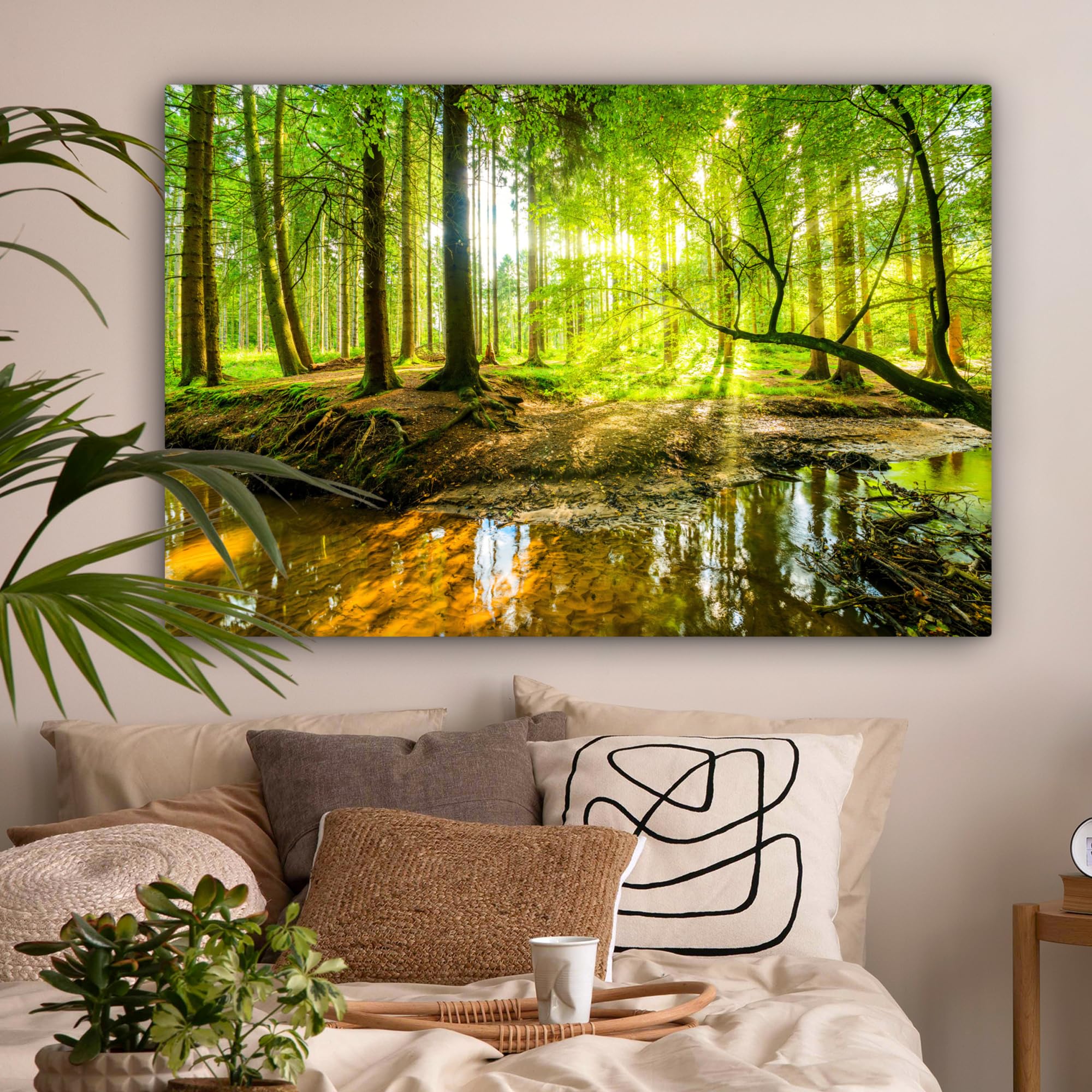 MuchoWow© Impression sur Toile Decoration Murale Peinture 120x80 cm Tableaux Decoratifs Muraux Décoration Chambre Forêt - Paysage - Eau - Arbre - Soleil - Vert - Nature