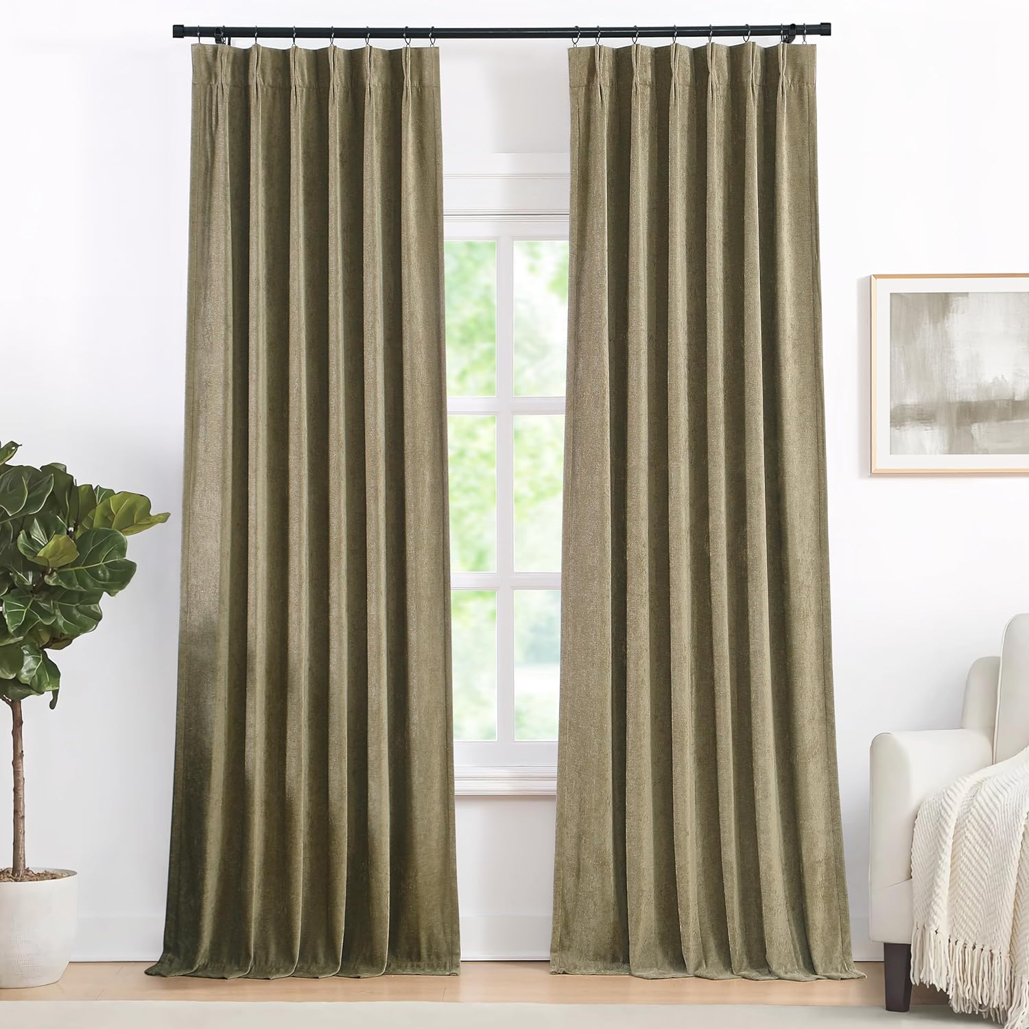 Vision Home Mocha Brown Pinch Pleated Full Blackout Curtains Velvet Chenille Room Darkening Window Curtain Panels 108 inch for Living Room Bedroom Soundproof Pinch Pleat Drapes with Hooks 36"Wx108"Lx2