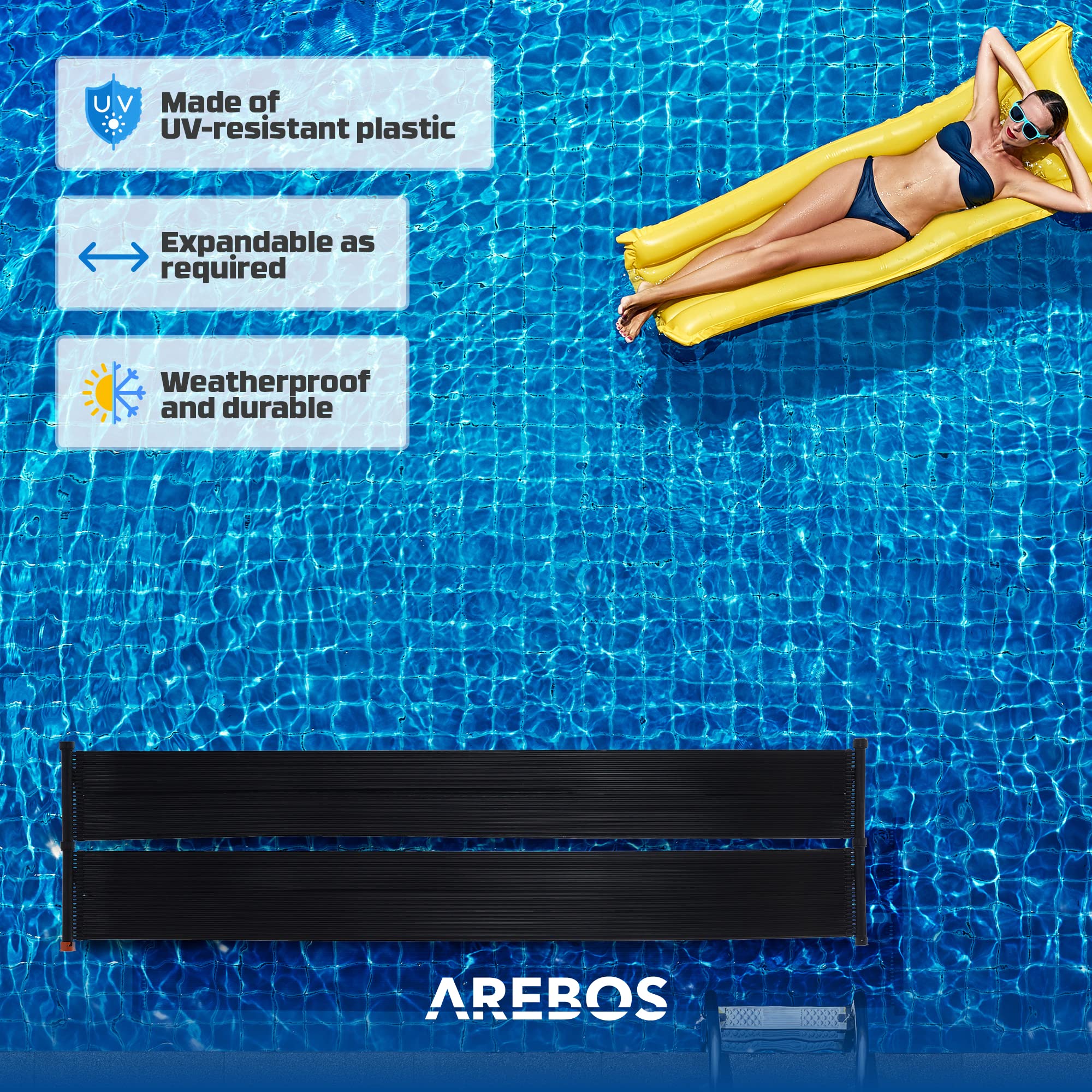 Arebos Calentador de Agua Solar | colector Solar | Calentador de Piscina | Colchoneta Solar | Absorbedor Solar | 300 x 66 cm | Plástico Resistente a los Rayos UV | Incl. Conjunto de derivación