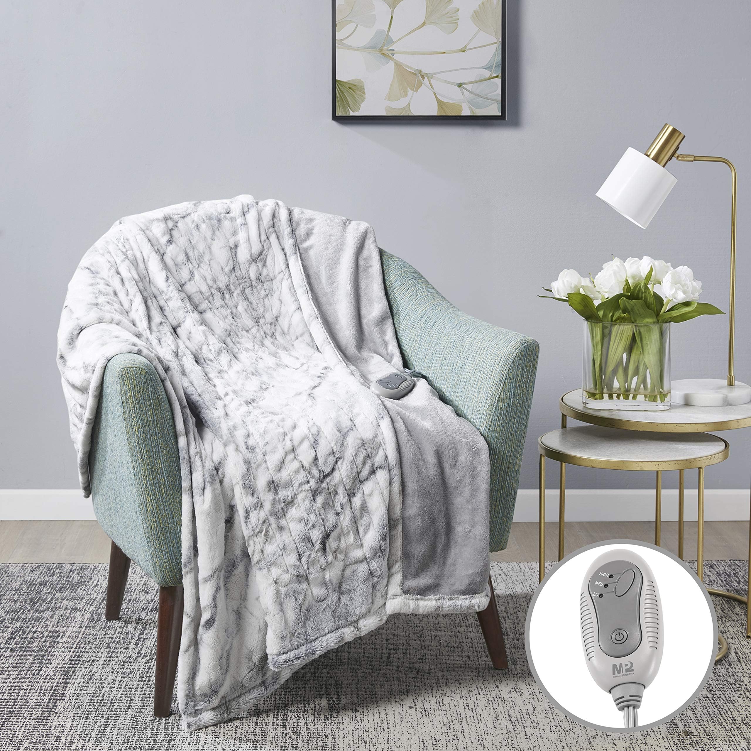 MP2 Heated Blanket Electric Throw, Fuzzy Faux Fur Throws for Lap w/ 3 Heating Levels & 2 Hours Auto Shut Off, UL Certified EMF Safe, Machine Washable - 50"x 60", Marble Blue