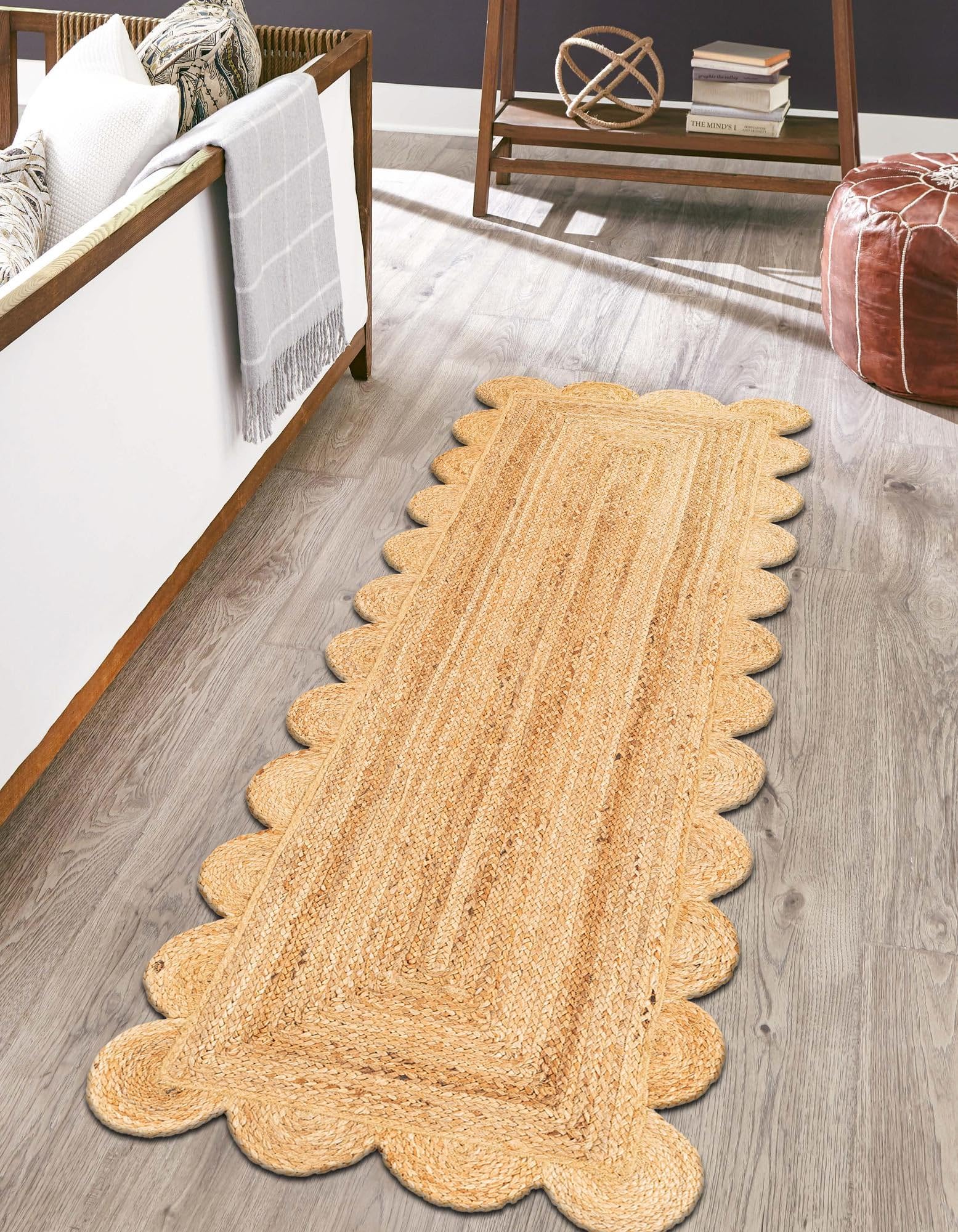 Mrida Weave Indian Handmade Hand Crafted Natural Jute Scalloped Design Area Rug- Outdoor Carpet- -Farmhouse RugSize - 2.6 x 4 Feet (78 cm x 120 cm)
