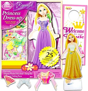 Disney Tangled Rapunzle Doll Dress Up Playset - 37 Pc Tangled Disney Princess Magnetic Dress Up Wooden Dolls Figures Set with Accessories (Disney Tangled Toys)