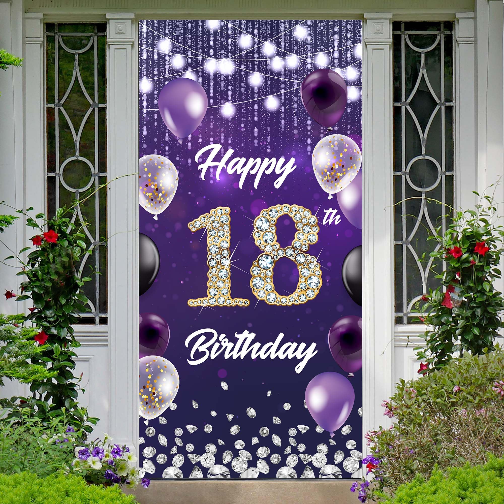 Happy 18th Birthday Backdrop Banner Purple Theme Background with Shiny Diamond Noble Elegant Birthday Party Photo Photography Prop Booth Door