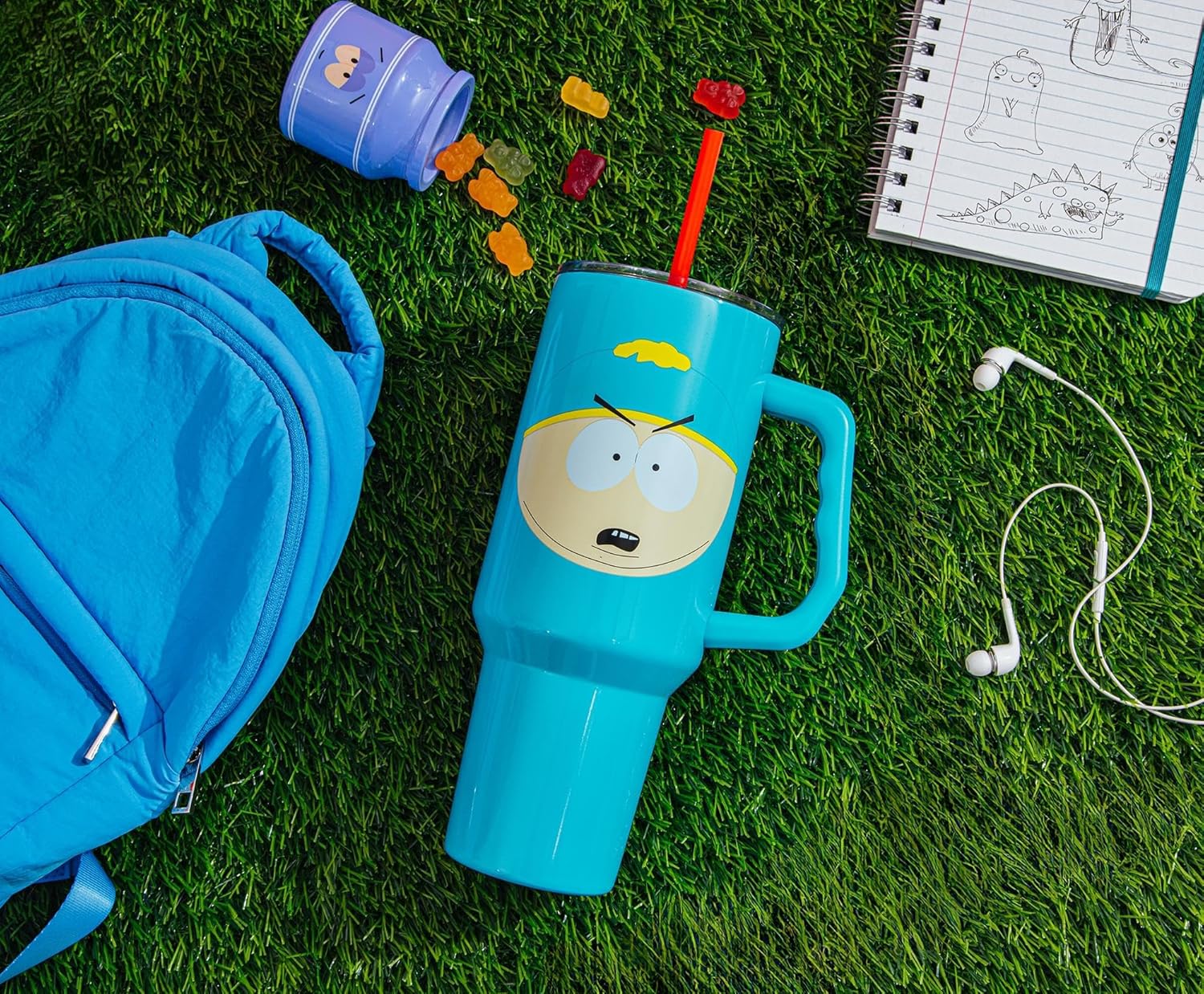 Silver Buffalo South Park Stainless Steel Tumbler with Handle Featuring Eric Cartman, Fits in Standard Cup Holder, 40 Ounces