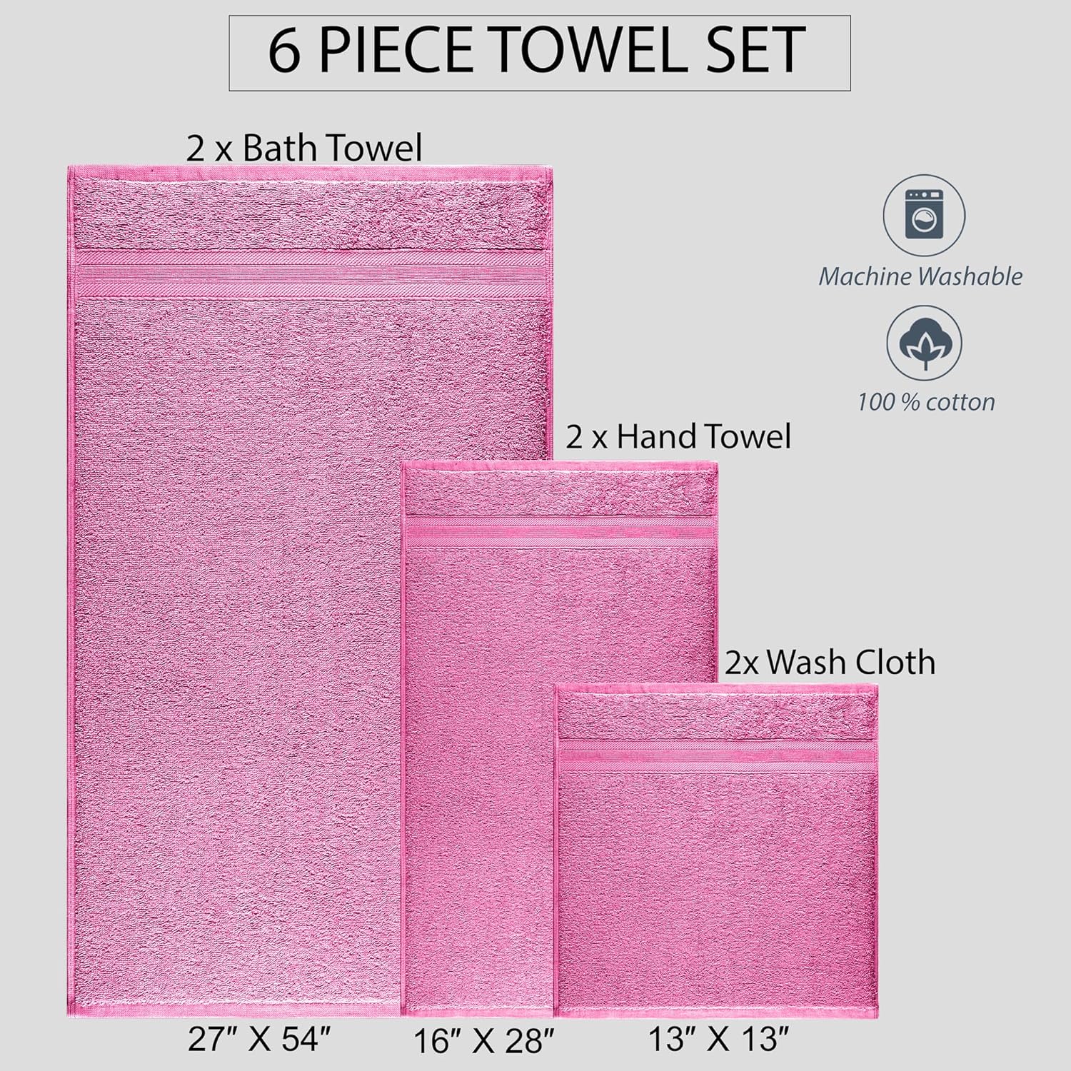 Quick-Dry, Soft & High Absorbent Bath Towels Cotton Turkish Bath Towel Set of 6 | Daily Use 100% Cotton Towels for Bathroom, Gym & More | Bathroom Towels Set (6 Pcs, Pink)