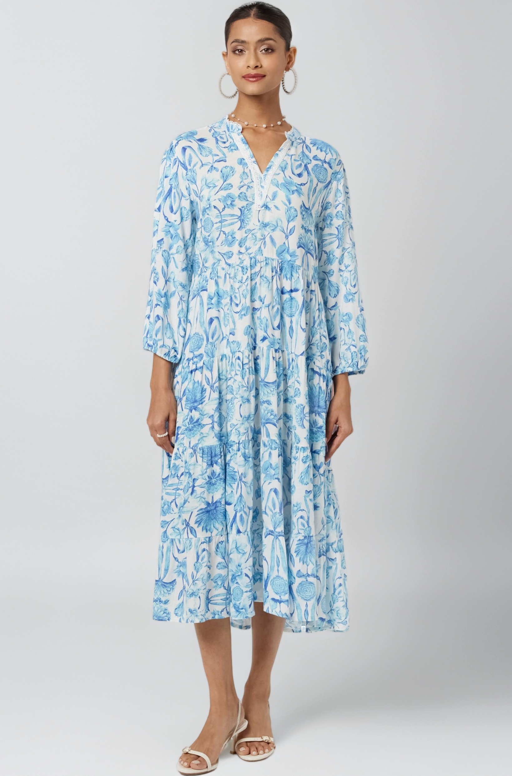 Women Casual Ankle Length Cotton Floral Tiered Dress