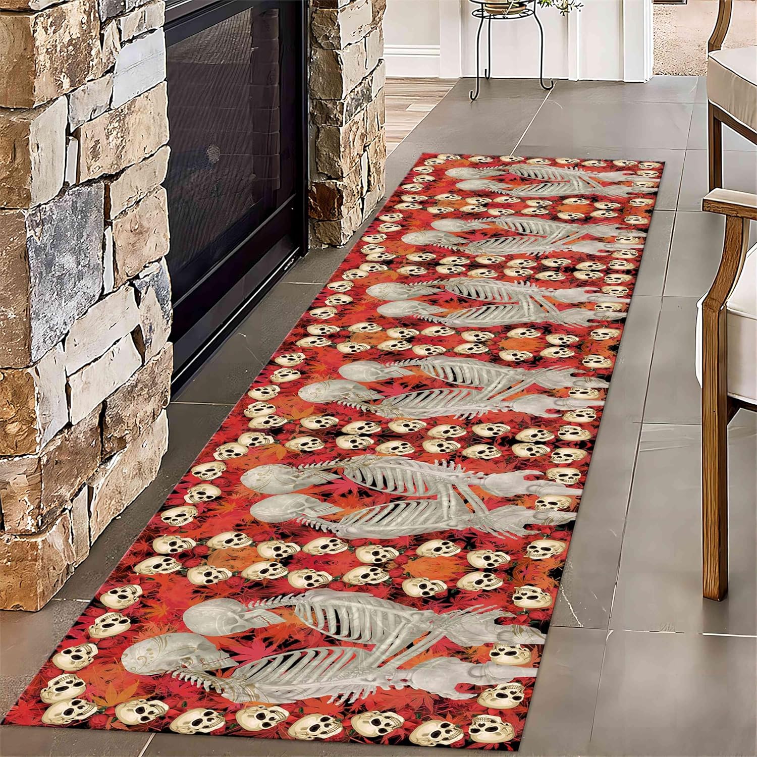 Couple Skull Skeleton Runner Rug,2x8ft,Rose Maple Leaf