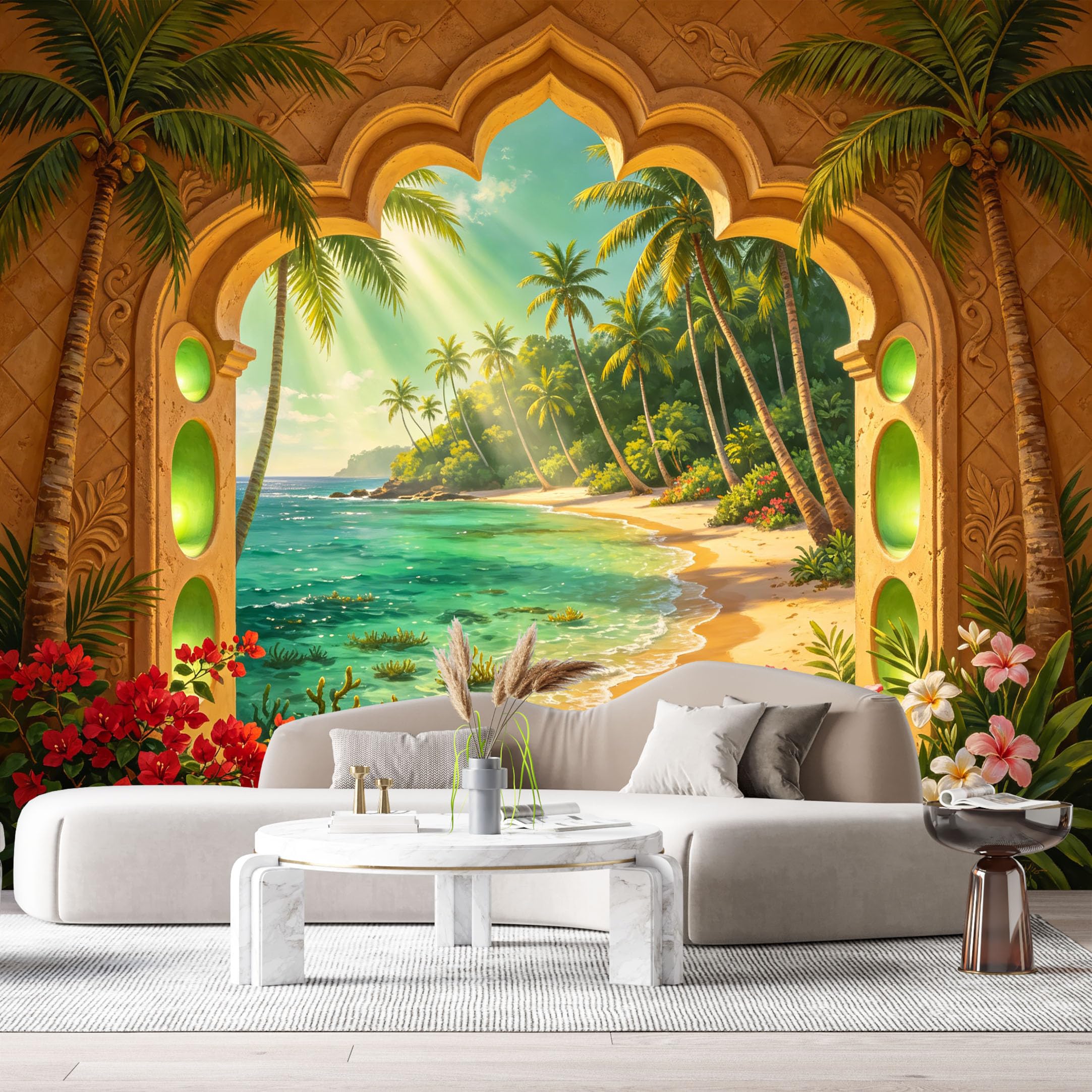 Custom Size Wall Murals Tropical Paradise Coastal Beach Oil Painting 3D Trompe L'Oeil SelfAdhesiveWall Fabric Removable Wallpaper Wall Decor for Living Room Bedroom Bathroom