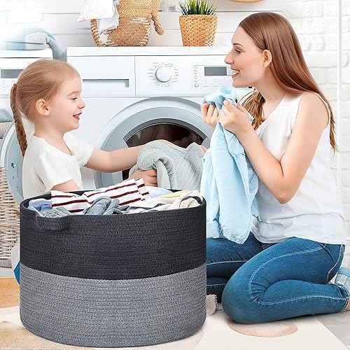 Miniatura 3 de Cesta para manta, cesta de cuerda de algodón de 20 x 20 x 13 pulgadas para sala de estar, canasta de almacenamiento de juguetes para bebé, cesta