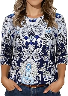 3/4 Sleeve Tops for Women Basic Crew Neck Spring Blouses Casual Fit Fall T Shirts