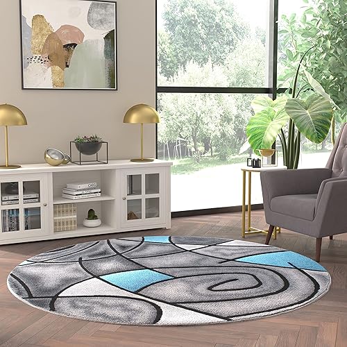 Miniatura 4 de EMMA + OLIVER Alfombra decorativa de olefina de felpa, patrón geométrico abstracto, tonos grises degradados con detalles azules vibrantes, redonda