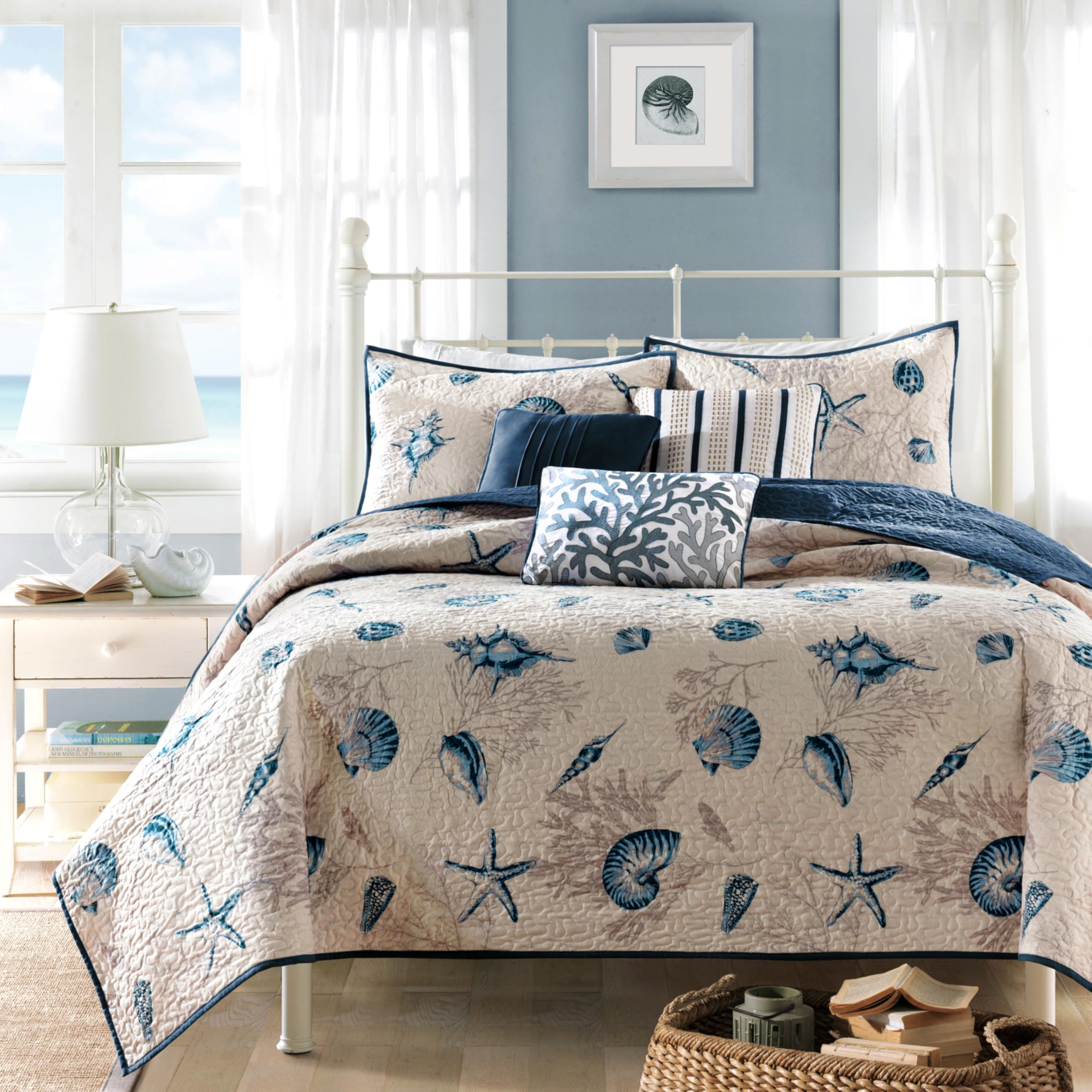 Madison Park Quilt Set Cottage Coastal Design, Starfish Print - All Season, Coverlet Bedspread Lightweight Bedding Layer, Shams, Toss Pillows, King/Cal King(104"x94"), Bayside Blue/Ivory 6 Piece