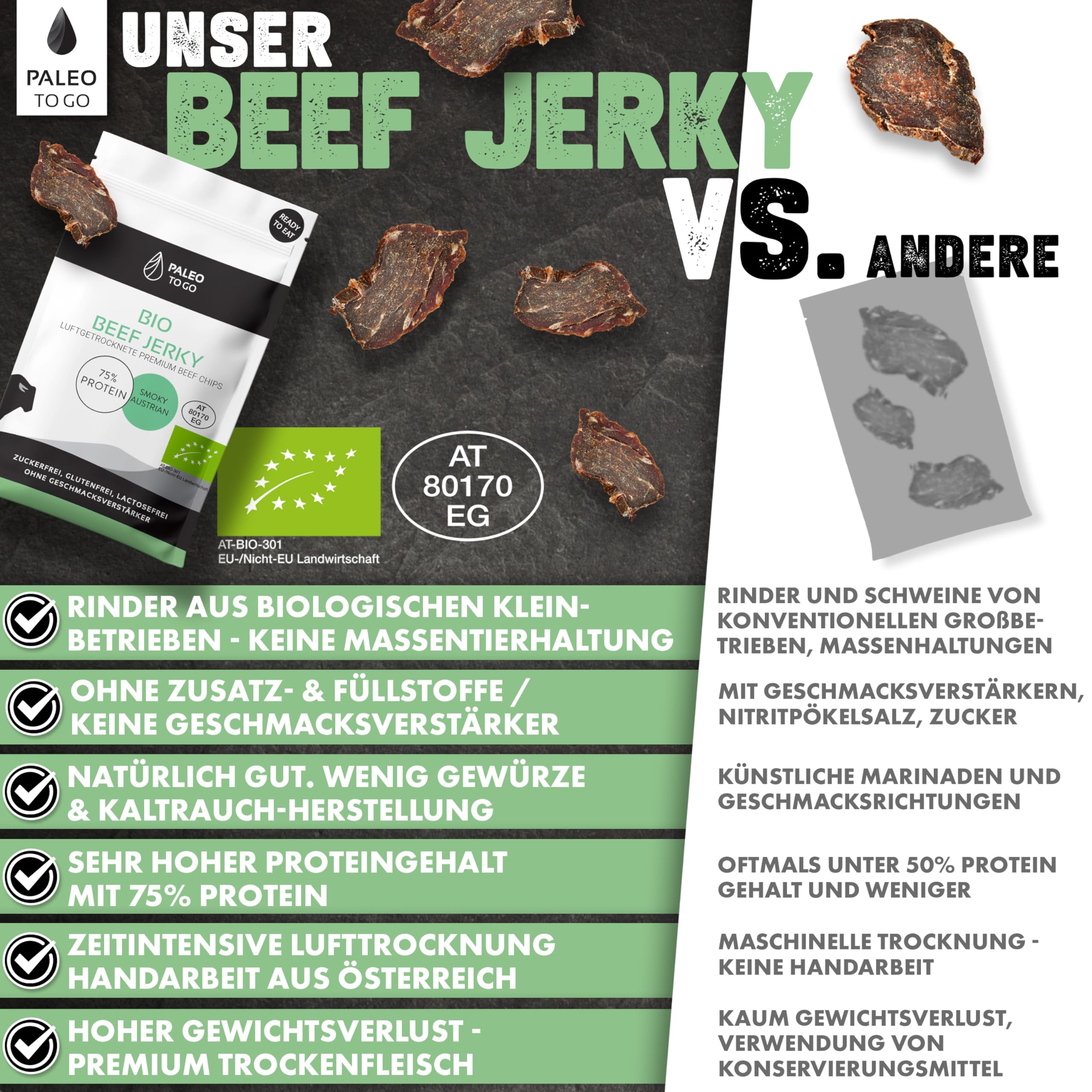 PALEO TO GO Bio Beef Snack Bundle, Beef Jerky und Beef Chips aus Bio Rindfleisch, High Protein Trockenfleisch, Low Carb Eiweiß Snack, Made in Austria, ohne Konservierungsstoffe