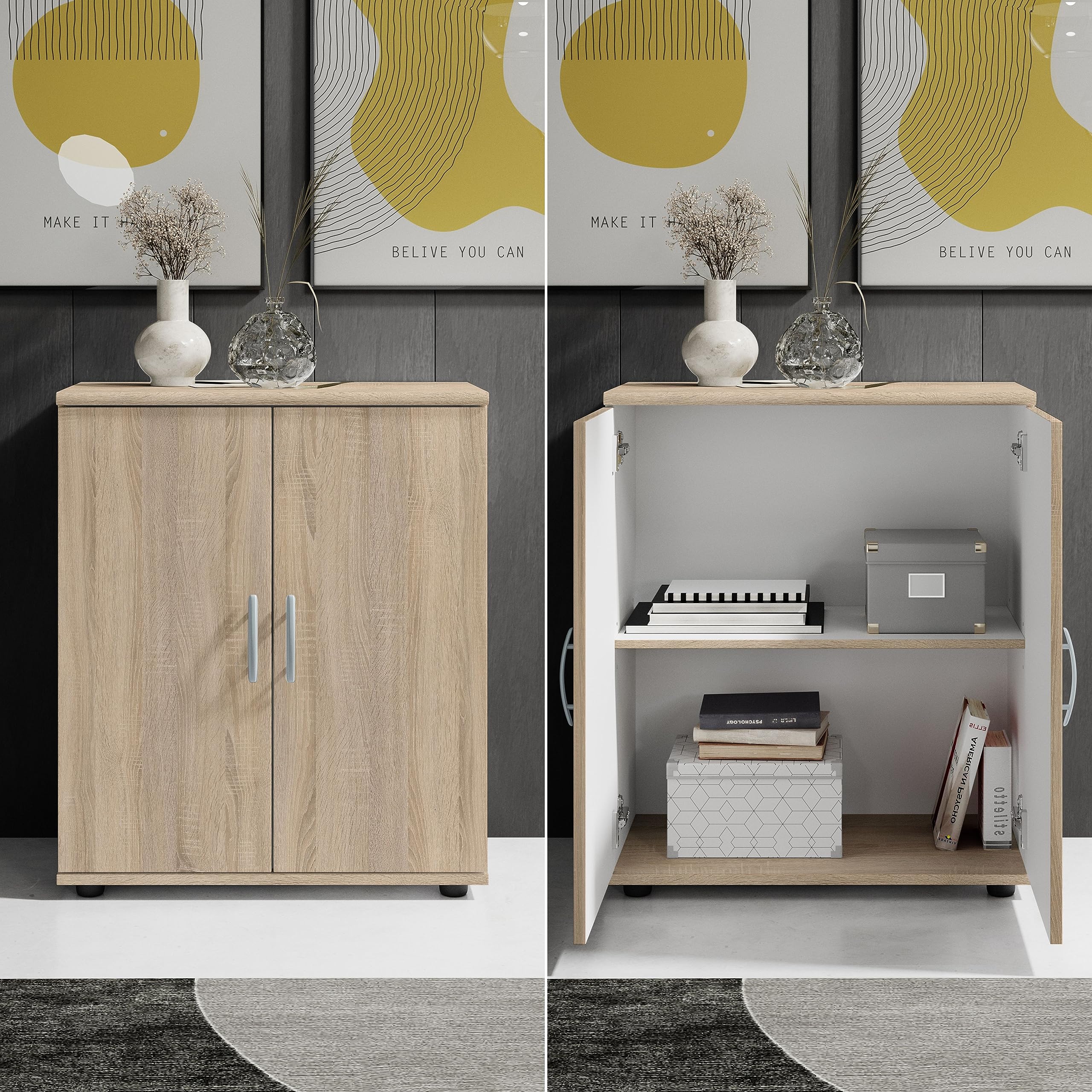 Stella Trading LILLY Commode en aspect chêne Sonoma - Commode moderne avec beaucoup d'espace de rangement pour le salon, la salle à manger et l'entrée - 60 x 70 x 30 cm (L/H/P)