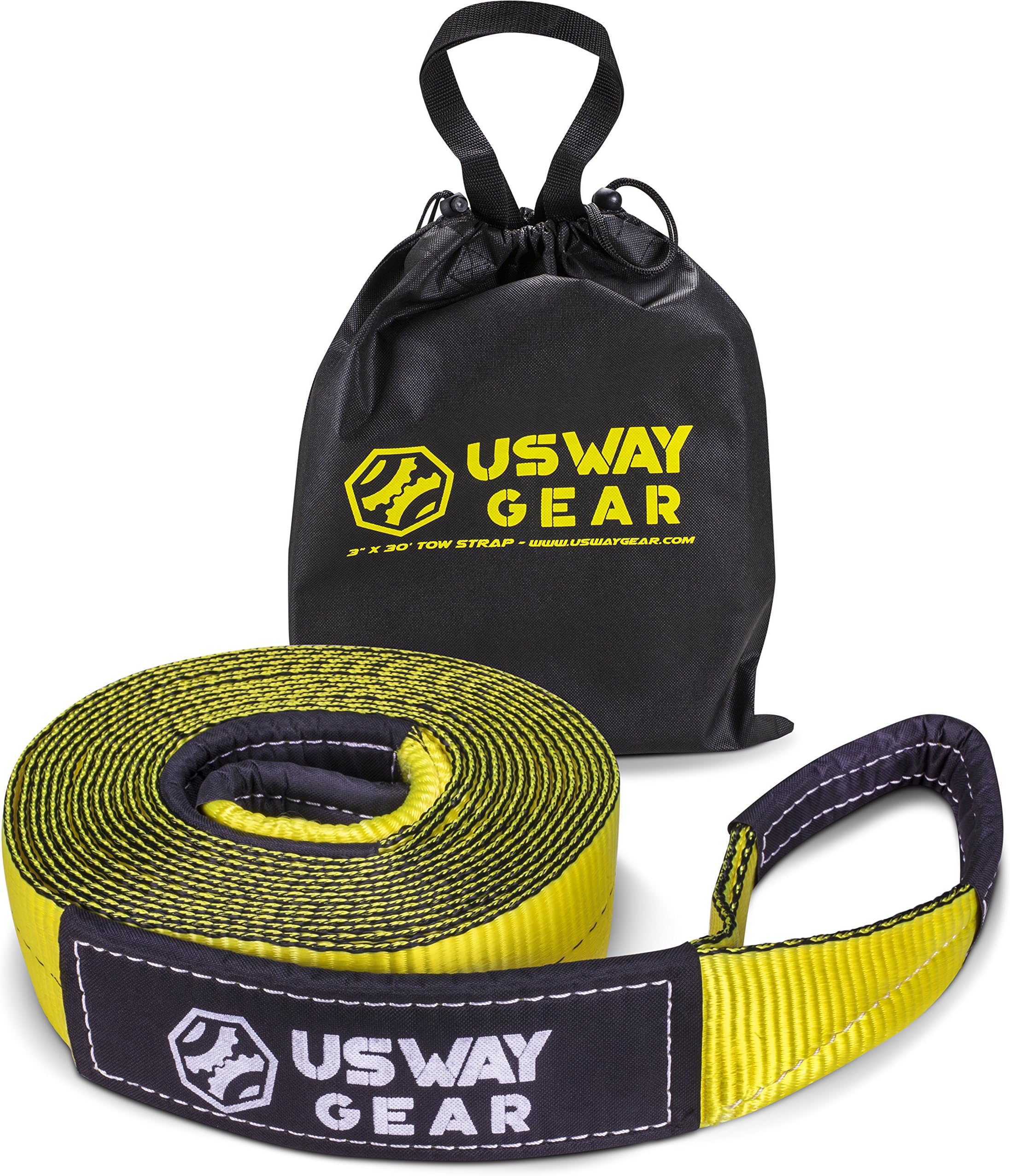 USWAY GEAR 3" x 30ft Recovery Tow Strap - 30.000 LBS (15 US TON) Rated Capacity Heavy Duty Tow Strap with Triple Reinforced Loops + Protective Sleeves + Free Storage Bag | Emergency Towing Rope