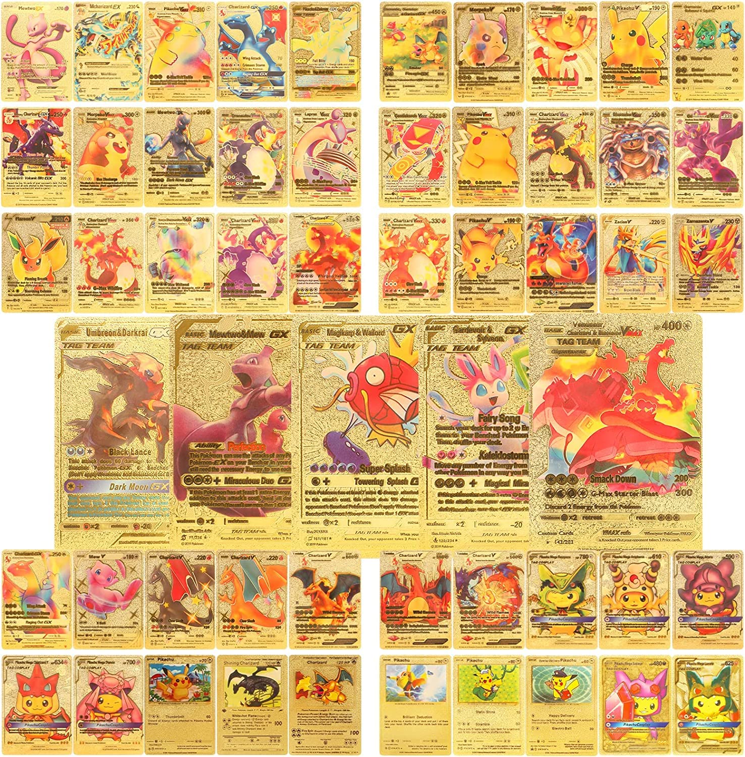 55 Pcs Gold Foil Card Assorted Cards Deck Box includes (16 Vmax Rares Cards,13 V Series Cards, 11 GX Rare Cards, 7 Tag Cosplay Cards, and 6 Basic Cards), Good Gifts for Boys and Girls, Collectors