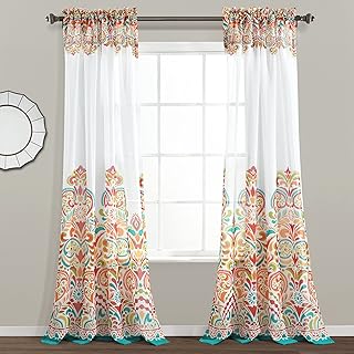 Lush Decor Clara Sheer Curtains Paisley Damask Print Bohemian Style Light Filtering Window Panel Set for Living, Dining, Bedroom (Pair), Sheer Panel, Turquoise & Tangerine - Buy now