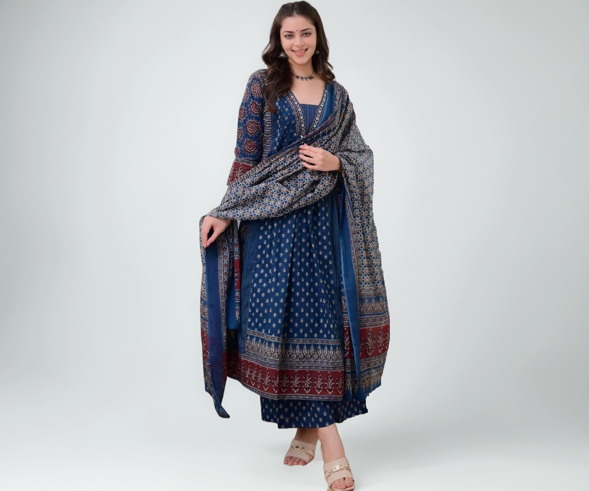KLOSIA Women's Rayon Printed Anarkali Kurta and Pant with Dupatta Set