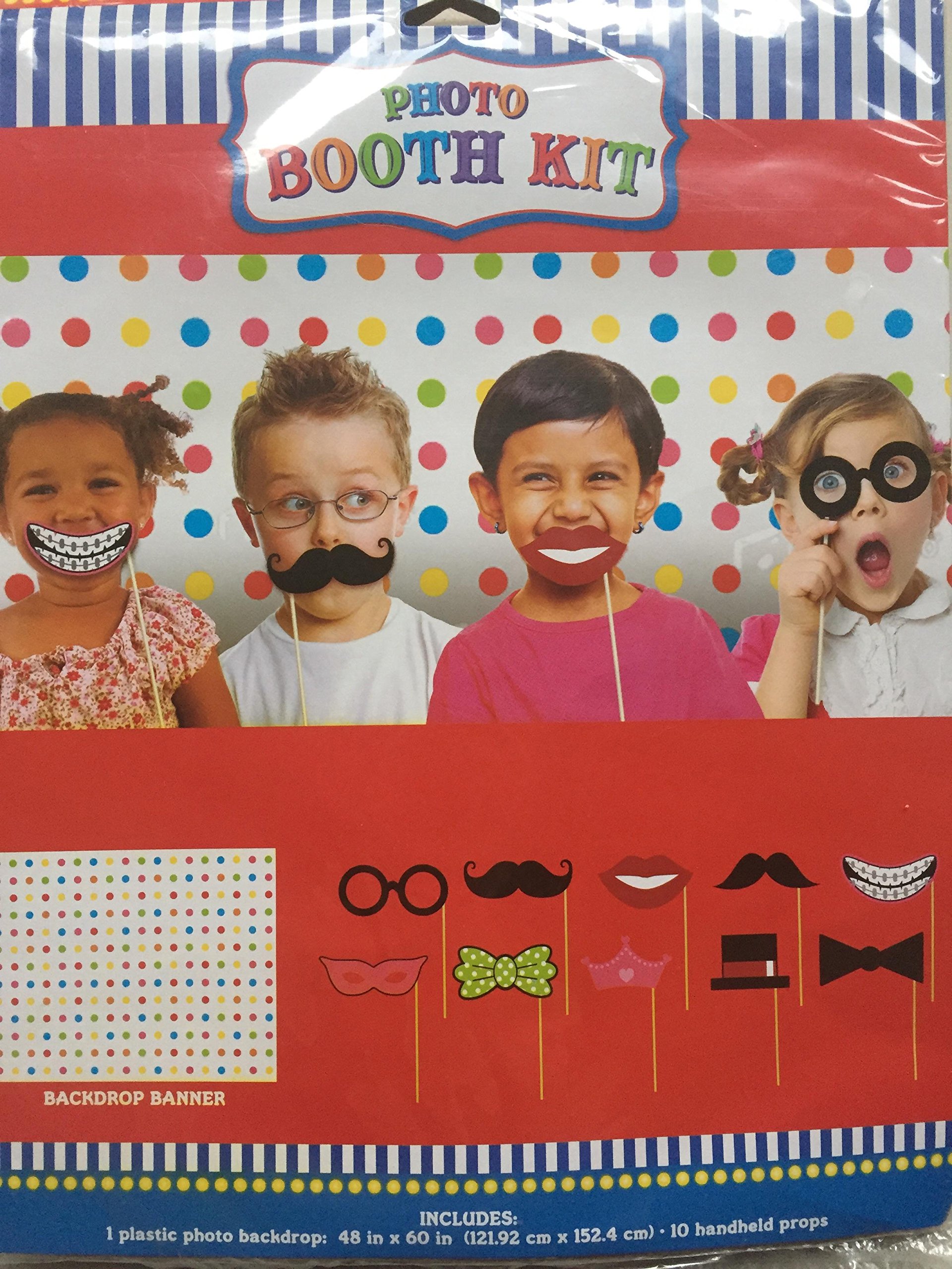 Photo Booth Kit with 10 Props and 1 Plastic Photo Background for Kids
