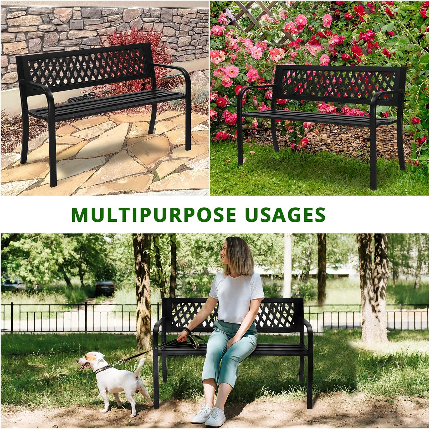 Outvita Outdoor Bench, 47" Metal Garden Bench Patio Park Furniture with Plastic Backrest Powder-Coated Chair Yard Entryway Deck Porch Black