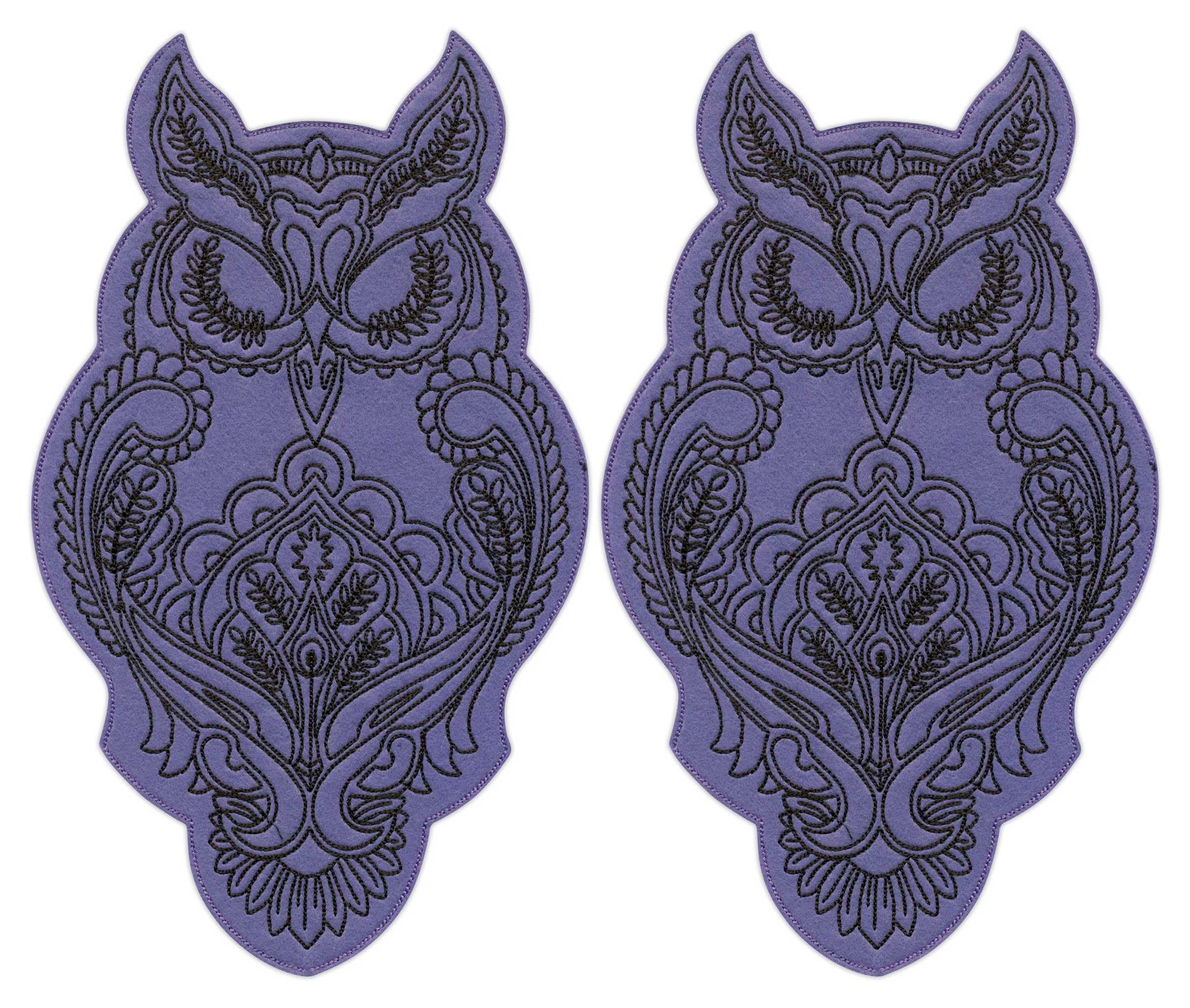 Set di due grandi gufi, gufi d'aquila, viola, in velo nero, retro con gancio e anello, toppa ricamata, emblema