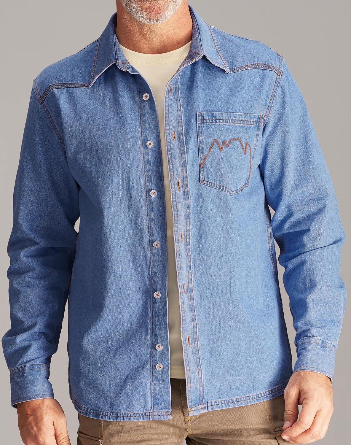 CHRONOLINE Men’s Long Sleeve Denim Shirt Western Button Up Washed Denim Jeans Shirt Vintage Work Outerwear