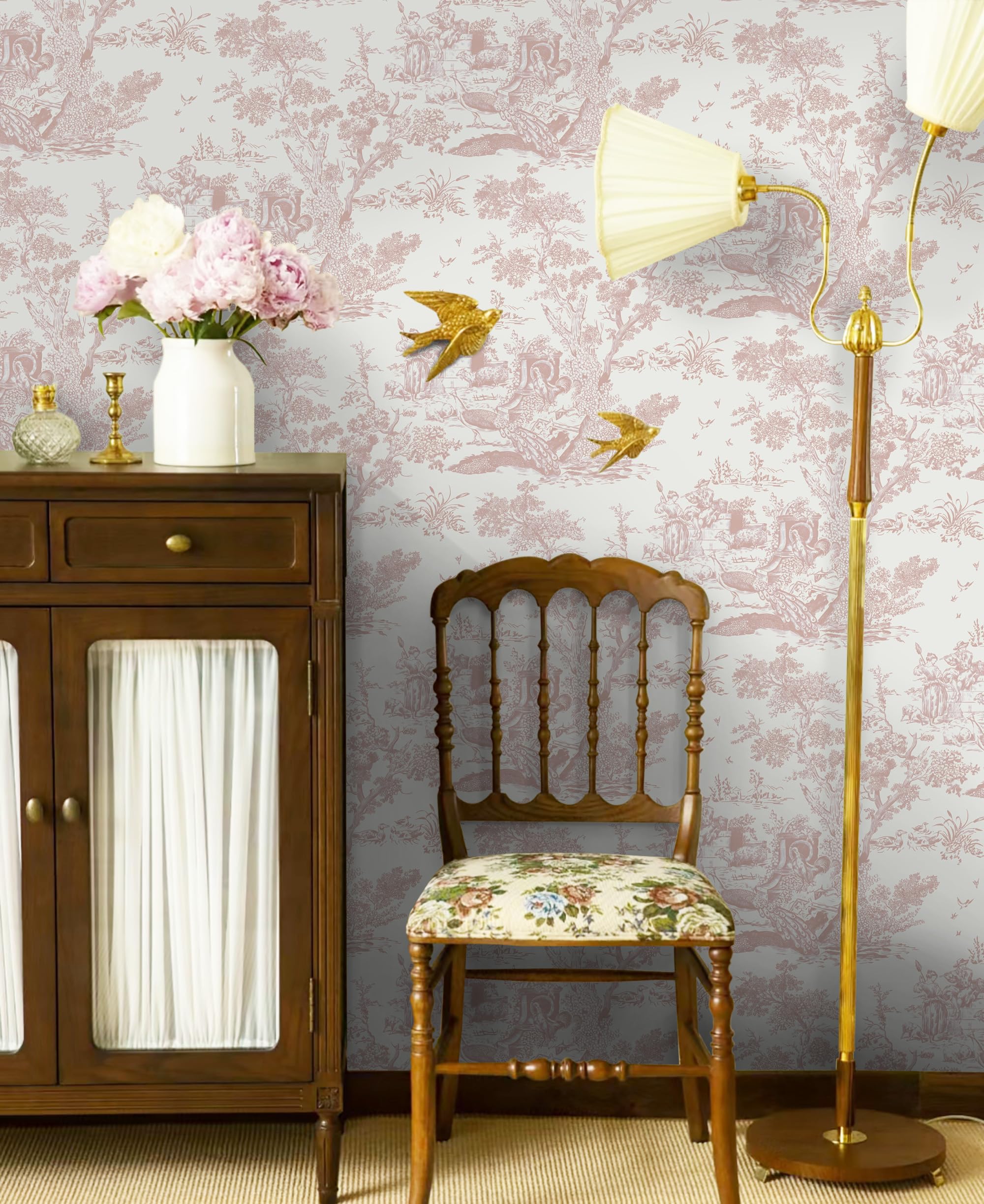 Papier Peint Autocollant Vintage 41 x 300 cm Vinyle Arbre Animaux Imperméable Rose Chambre