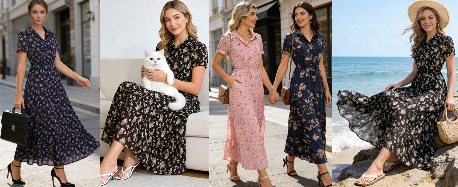 Kranda Summer Dresses for Women 2026 Spring Collared V-Neck Short Sleeve  Button Down Casual Swing Flowy Long Beach Chiffon Boho Floral Maxi Dress  with Pockets Aqua Green Leaf,Small at Amazon Women's Clothing