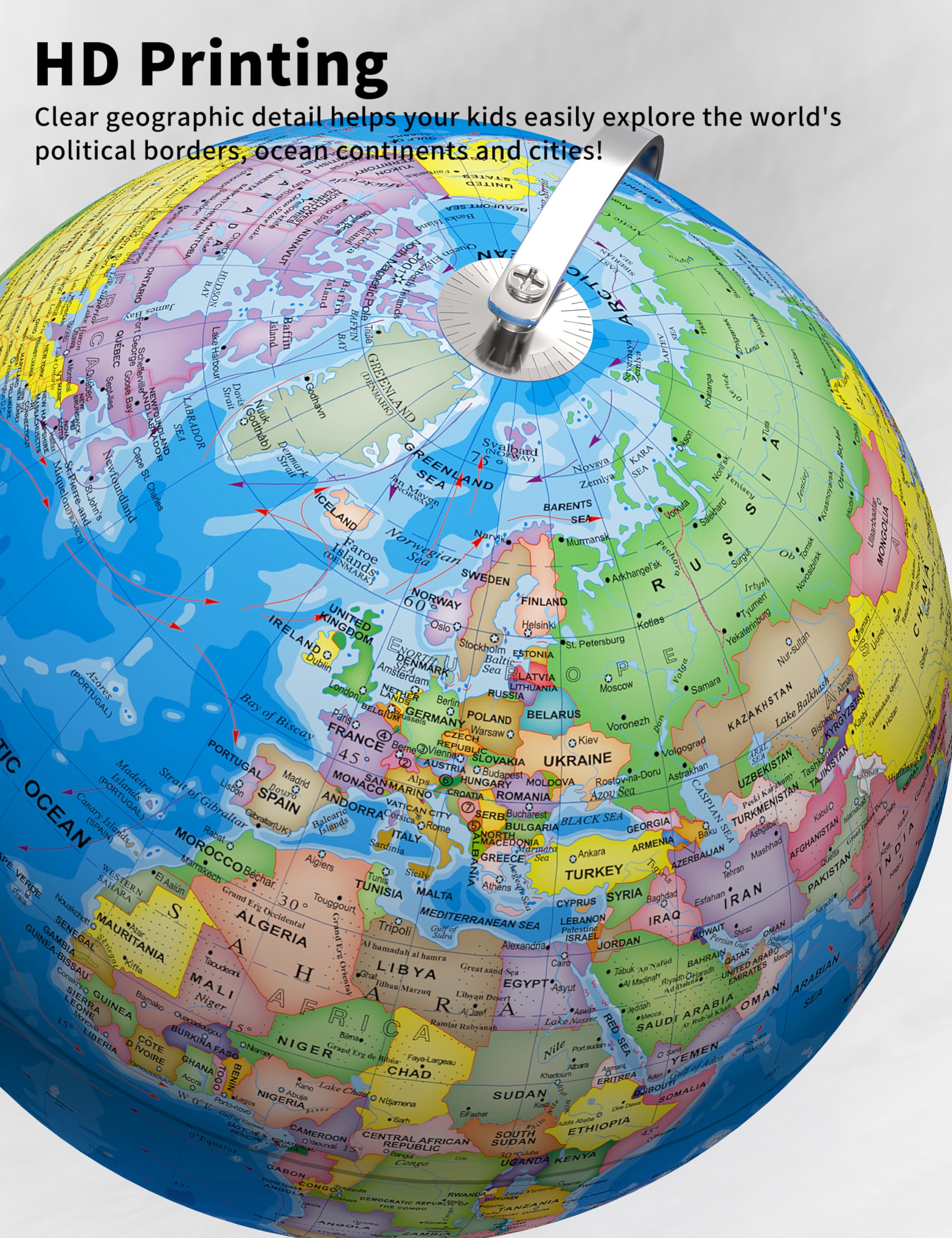 Globo del mundo de 13 pulgadas con base estable de metal pesado, globo educativo para el aprendizaje de los niños, lámpara de globos grandes con detalles coloridos del mapa del mundo HD 4