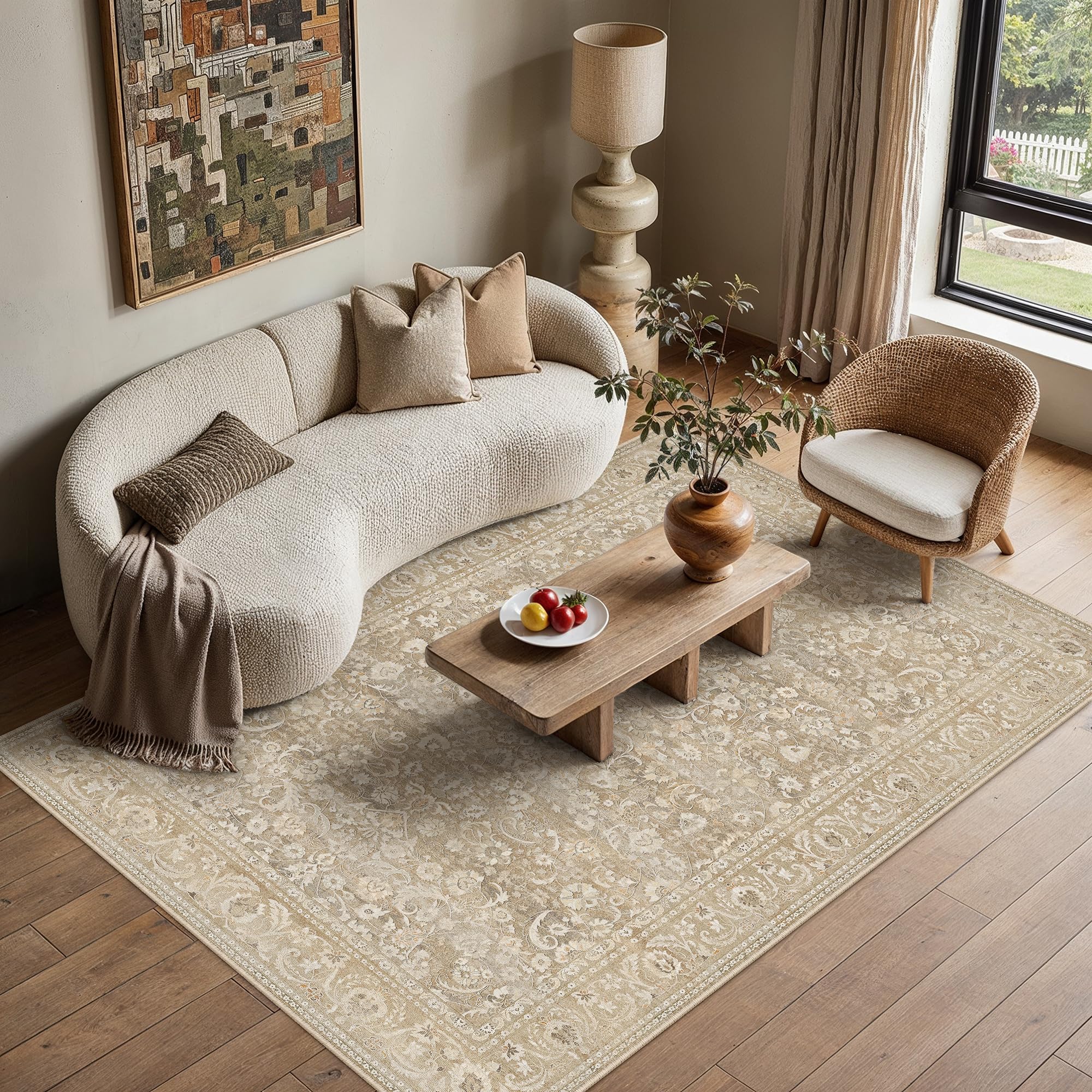 purecozy beige area rug 5x7 washable vintage floral carpet for living room soft low pile non slip indoor office accent rug retro distressed throw rug for nursery bedroom dining room