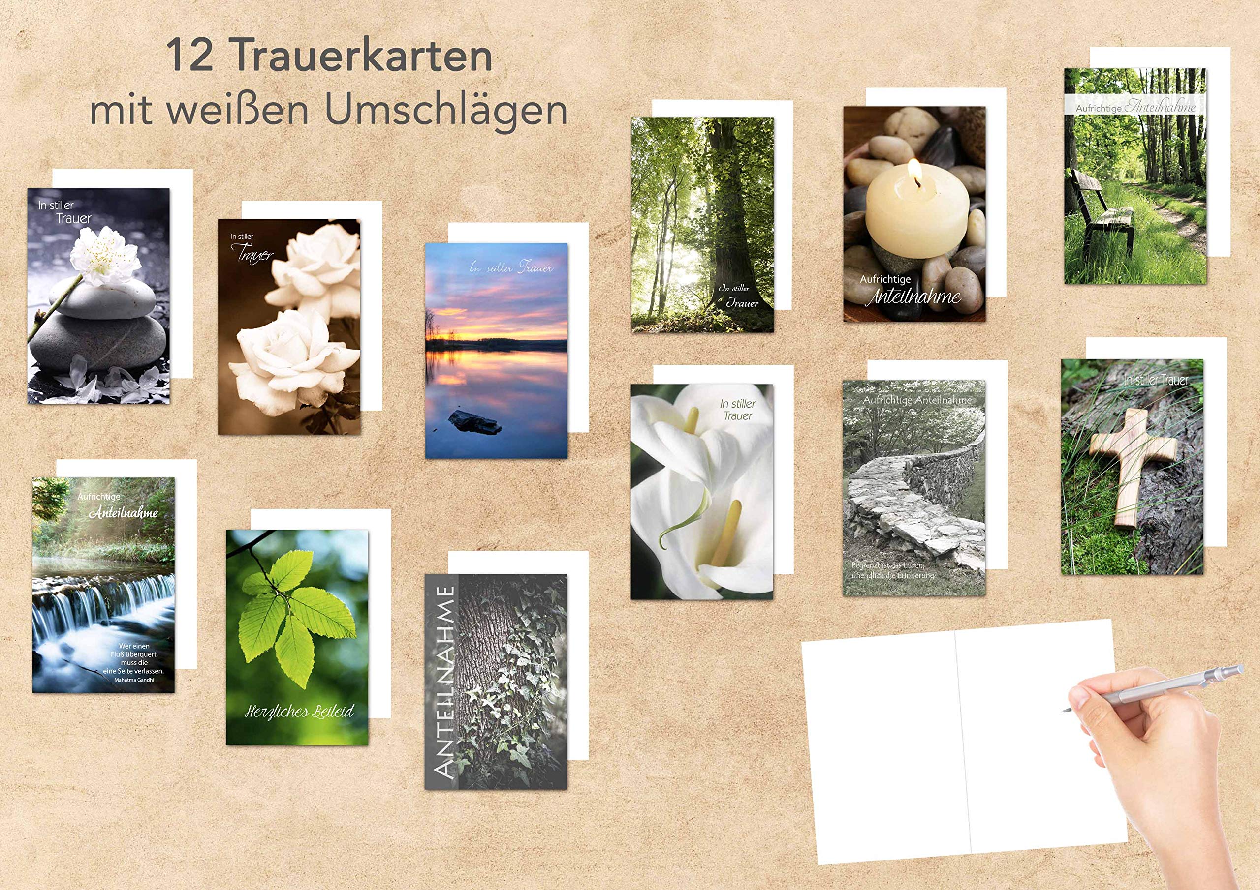 12 Sets Beileidskarten Mit Umschlägen – Herzliches Beileid Karten Mit Sprüchen, 15x20 Cm, Kraftpapier