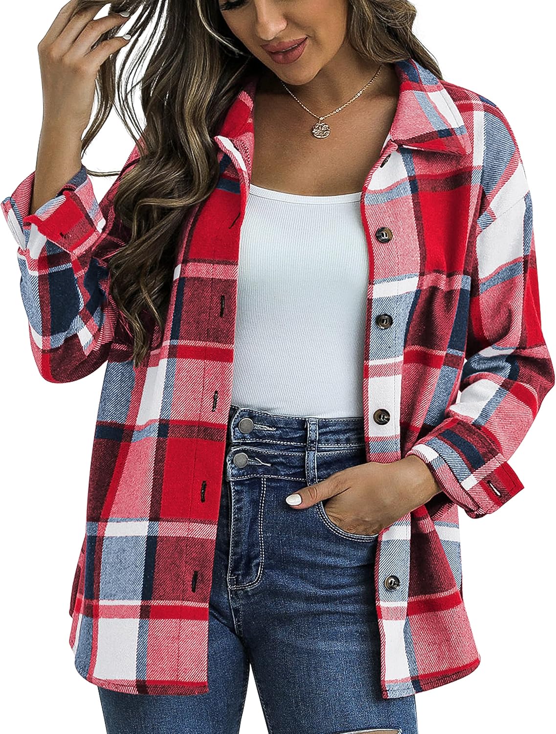 Traleubie Women's Flannel Jacket Plaid Shacket Lapel Button Down Long Sleeve Shirt Color Block Casual Coat