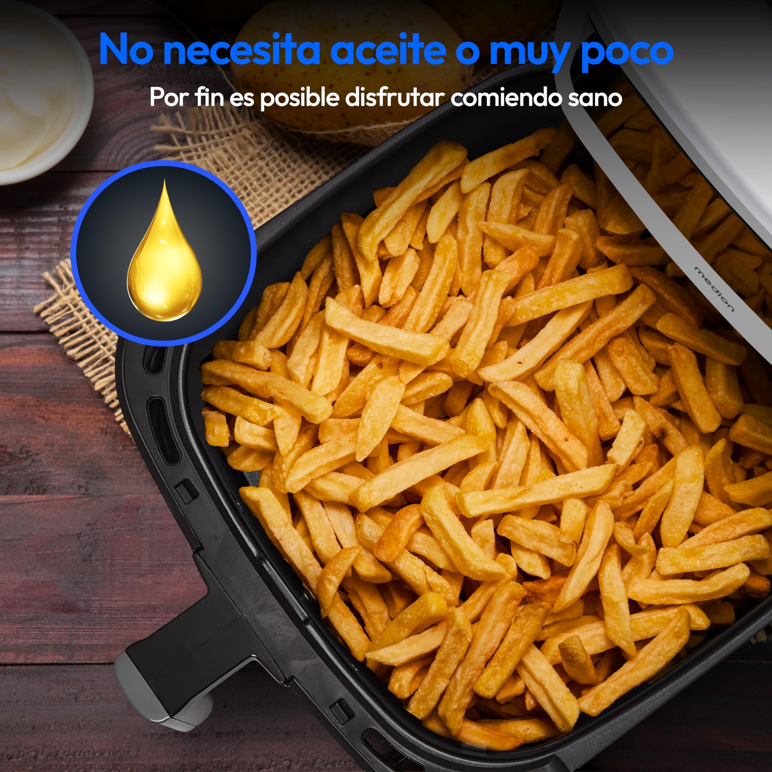 MEDION E40 XL freidora de aire caliente (5,2 L, airfryer, 2 150 W, 9 programas automáticos, función horno, fritura sin aceite, panel táctil, pantalla LED), mate