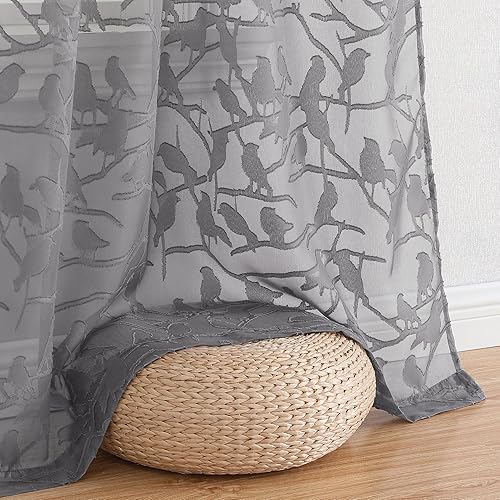 Vista 205 de OVZME - Anji Cortinas semitraslúcidas de gasa, ligeras, vaporosas, privacidad, textura, bolsillo barra doble, pájaros recortados, dormitorio, sala