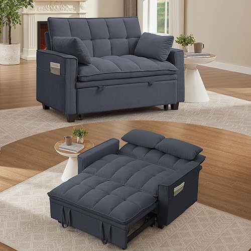 Futon Sofa Bed,3 in 1 Convertible Sleeper Sofa with Pull Out Bed,Small Loveseat with Adjustable Backrest,Linen Futon Couches for Living Room,Dark Gray