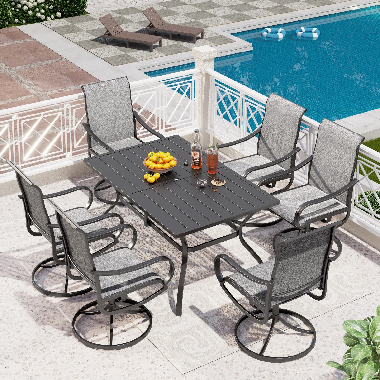 PHI VILLA Patio Dining Set for 6, Large Metal Table and 6 Outdoor Swivel Dining Chairs with Textilene Mesh Fabric, All Weather Patio Dining Furniture Set for Deck Lawn Garden (Gray)OEKO-TEX STANDARD 100