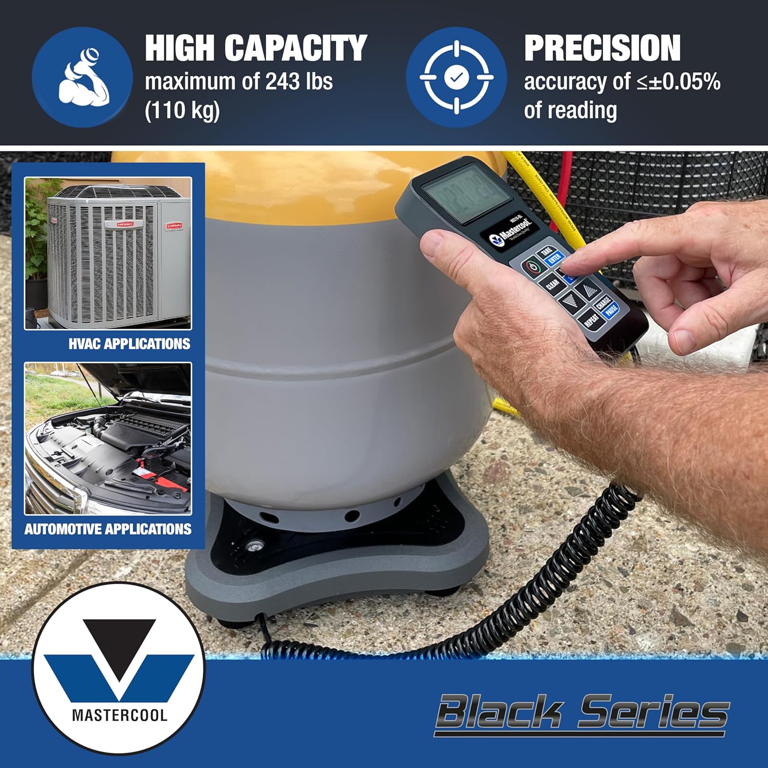 Mastercool 98210-BL Electronic Refrigerant Charging Scale with Bluetooth® – 243 lbs Capacity, Rugged Platform, Backlit LCD, and Free App