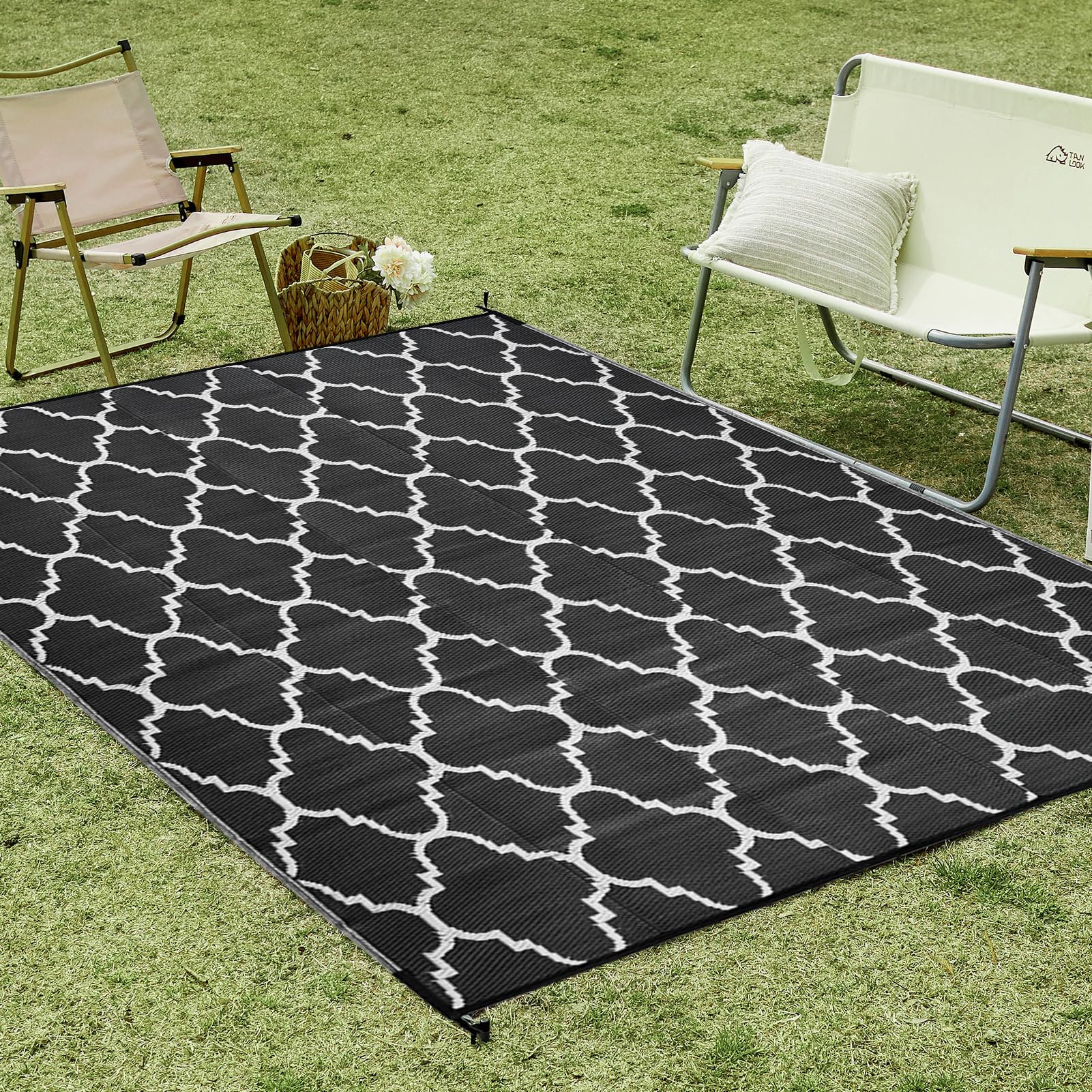OIGAE Alfombra Exterior Impermeable 180 x 270 cm, Alfombra de Polipropileno Reversible, Resistente a Rayos UV, Antideslizante, Plegable y Lavable, para Terraza Jardín Balcón Camping Picnic, Negro