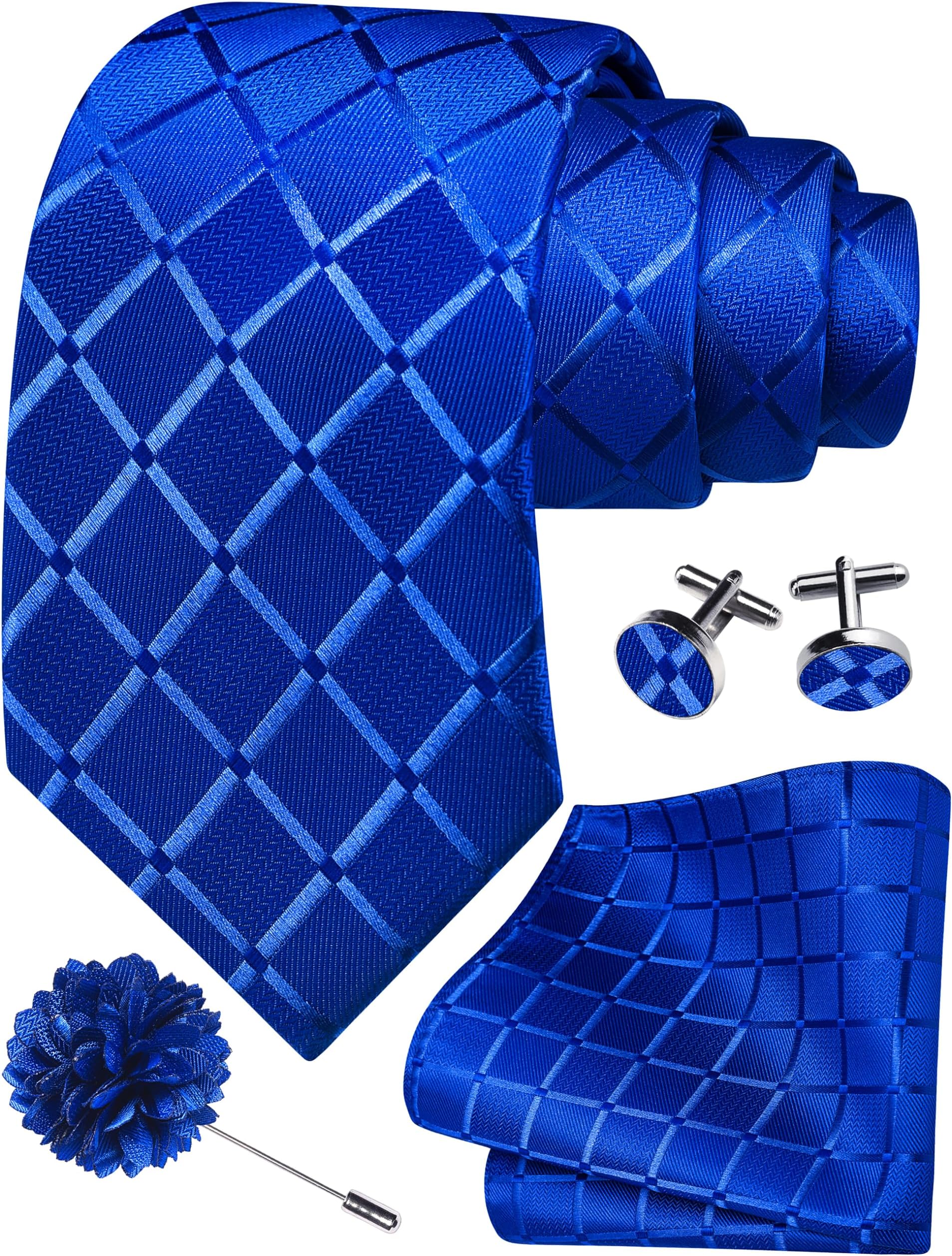 3.15"（8cm） Mens Tie and Lapel Pin Plaid Checkered Necktie Hankerchief Cufflinks Set for Men