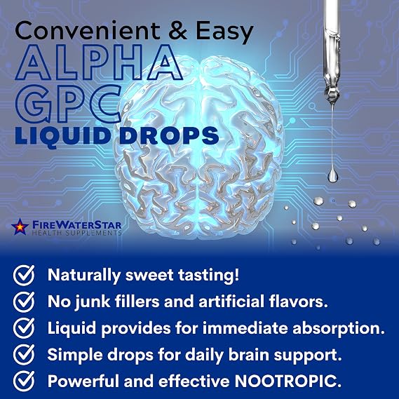 FWS Alpha GPC, 300 mg Liquid Alpha GPC Choline, Organic, Non-GMO, Fast Acting Nootropic Brain Supplement for Memory and Focus, Supports Healthy Brain Function for Mental Clarity