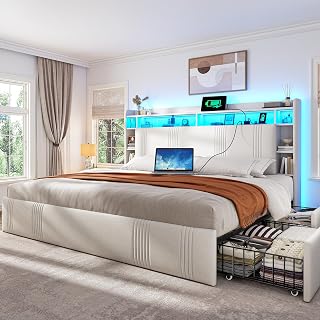 EnHomee King Bed Frame with 4 Storage Drawers, Charge Station & LED Lights | Upholstered Headboard with 4-Tier Shelves, 1200 lbs Capacity, Noise-Free, No Box Spring Needed, Easy Assembly, Beige