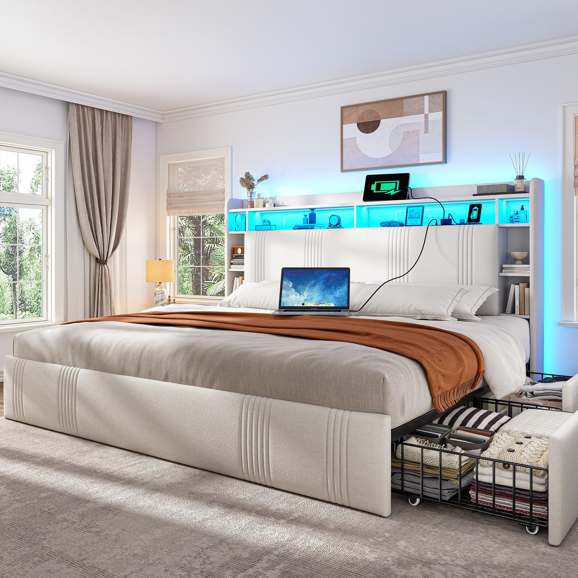 EnHomee King Size Bed Frame with 4 Storage Drawers, Upholstered Platform King Bed Frame with 3-Tier Storage Headboard & LED Lights & Charging Station,