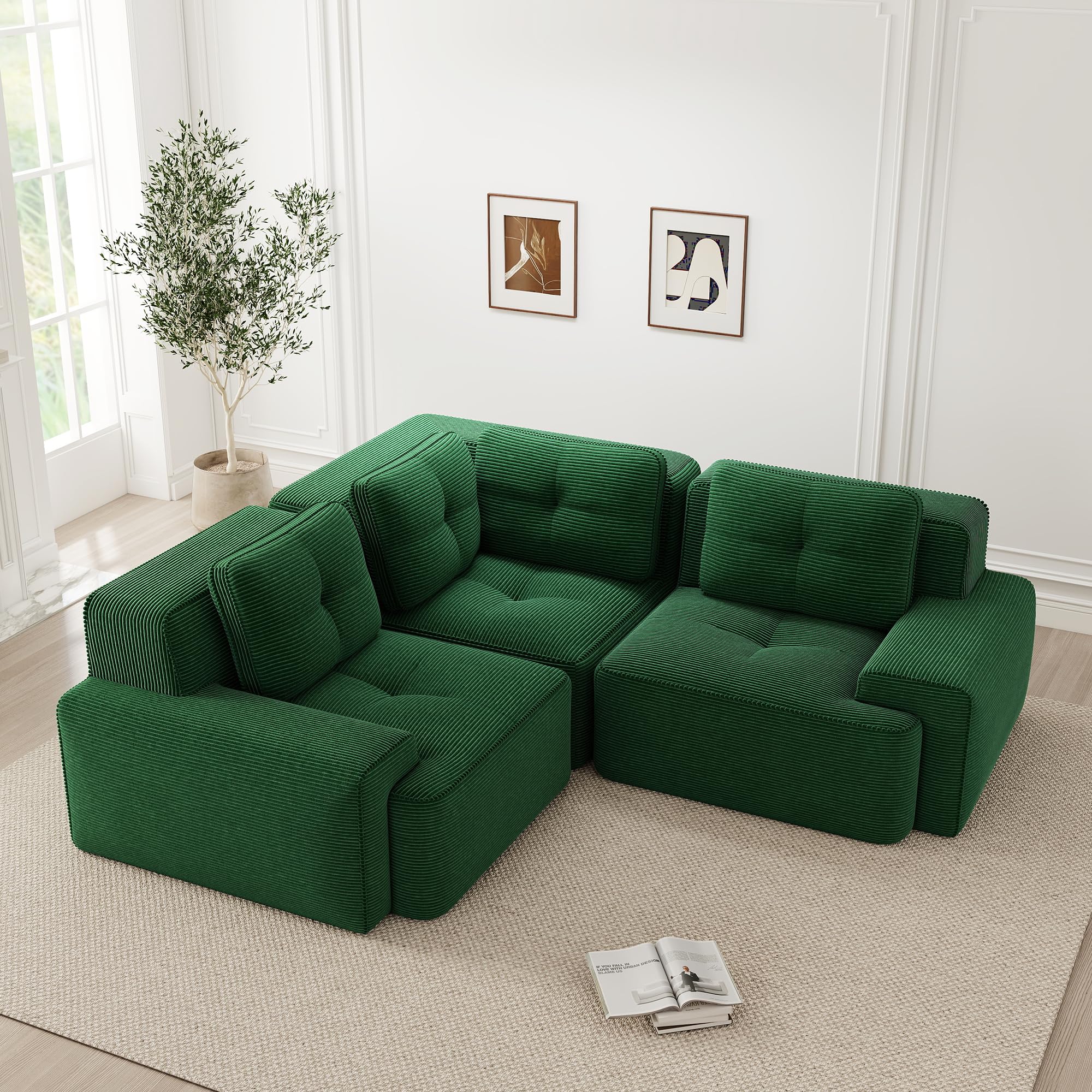 Bladez Divano angolare modulare a forma di L - Divano moderno a 3 posti in velluto a coste con poggiapiedi, sedile basso, senza montaggio, divano compresso, per soggiorno (verde, 3C)