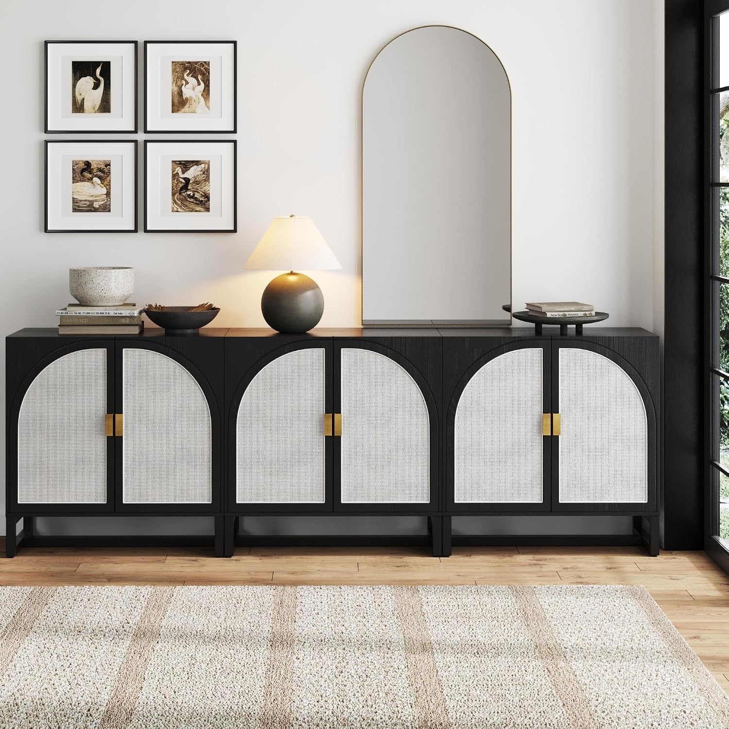 Nathan James Paxton Boho Wood Storage Cabinet with Doors, Small Storage Cabinet or TV Stand for Living Room or Kitchen with Rattan Door Details, Black Oak, Set of 3