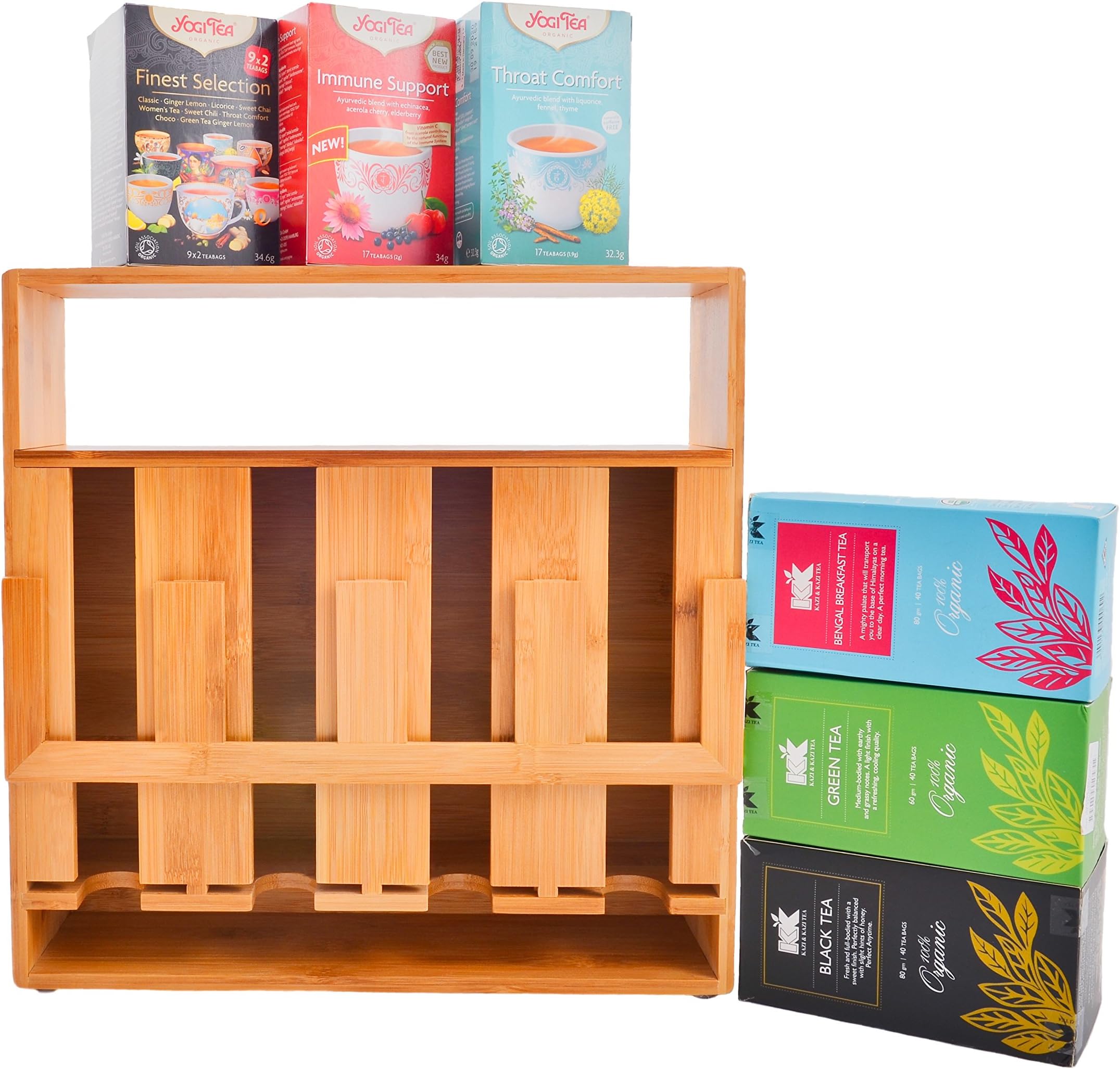 Refine Bamboo Tea Bag Organizer, 4 compartments 200 sachets high capacity wooden vertical storage solution for your tea bags, with display window