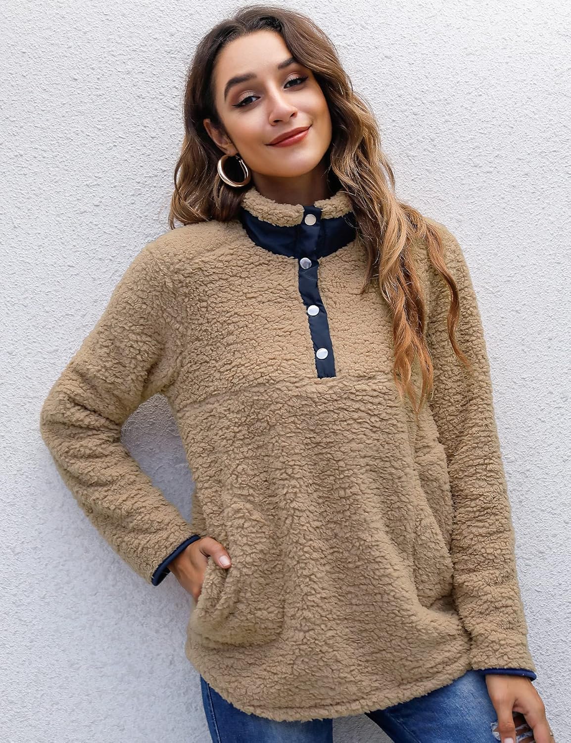 Women’s Warm Sherpa Pullover Button Collar Fleece Sweatshirt Winter Long Sleeve Tops Coat with Pockets - Image 4